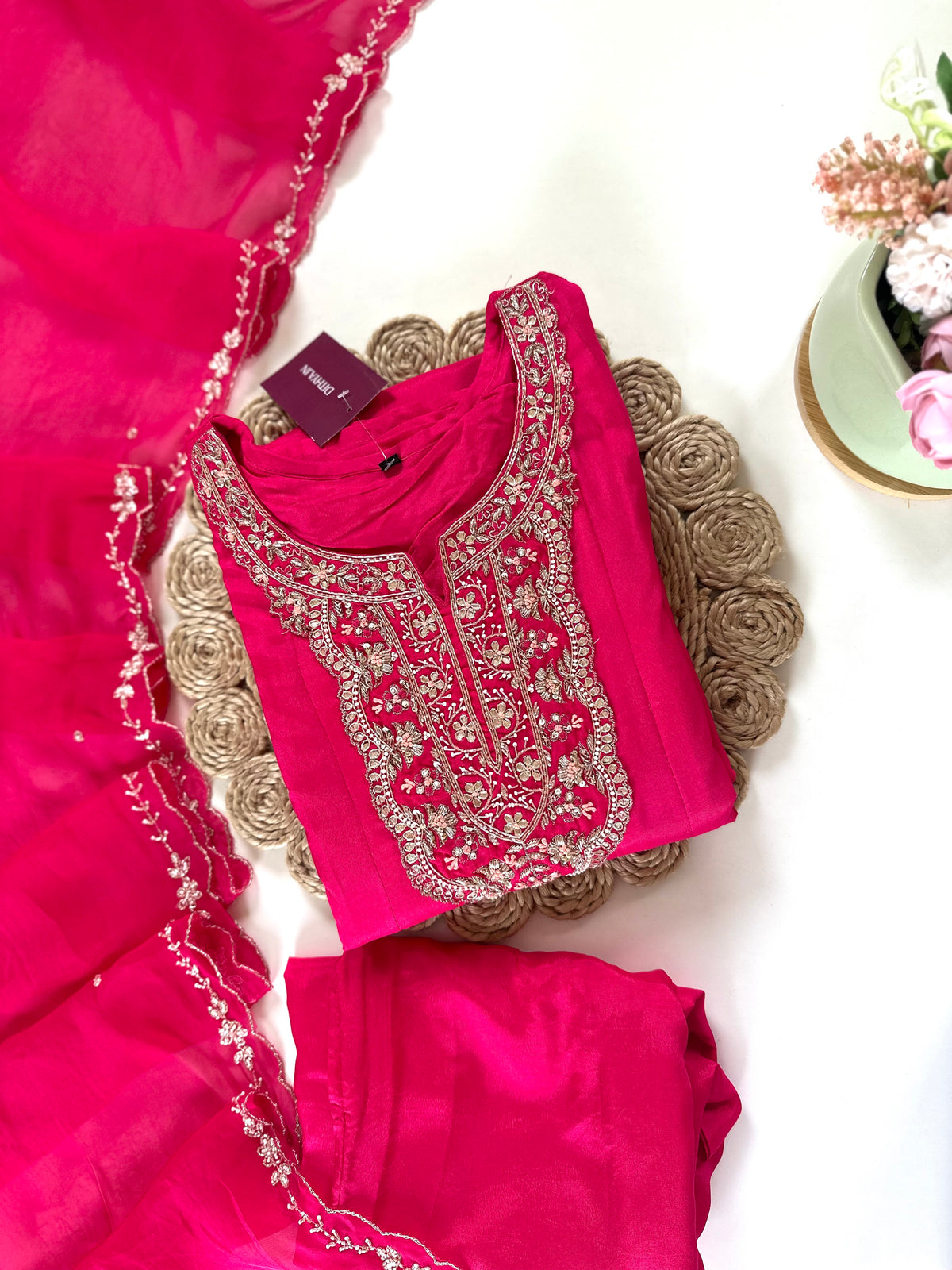 K163 - Russian silk handwork Anarkali with pants and organza dupatta