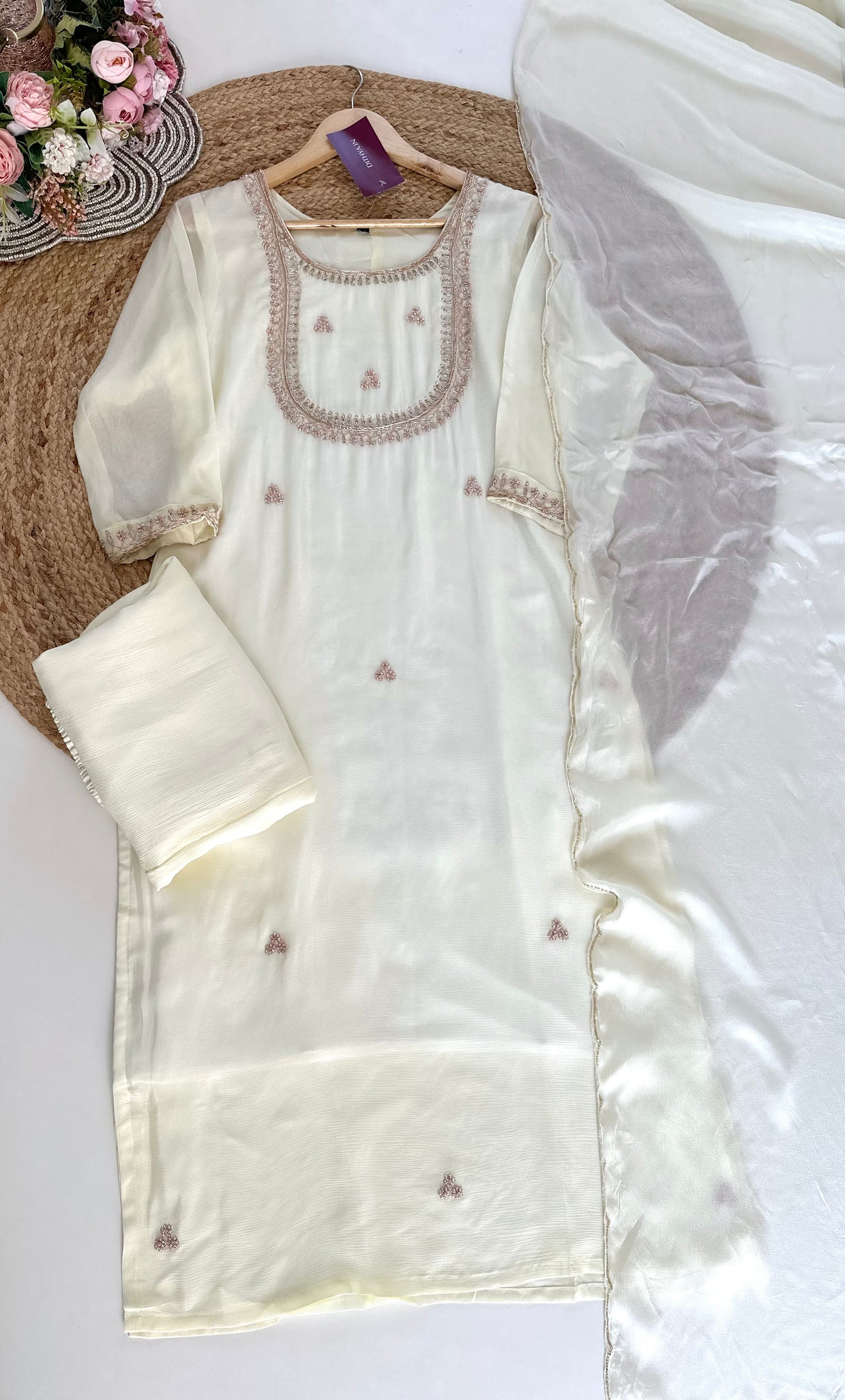 K159 - Chinnon Zardosi work straight kurti with pants and dupatta .