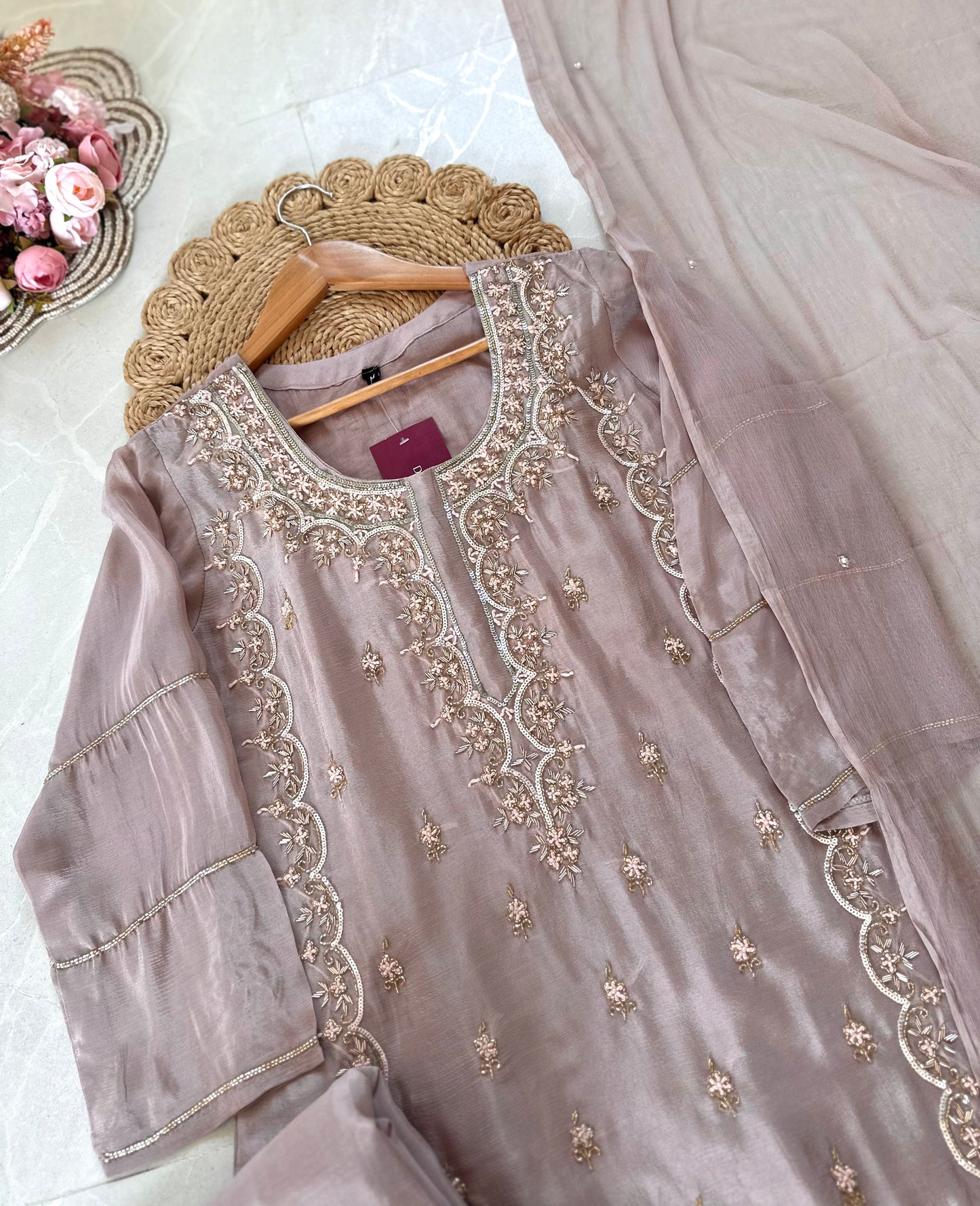 K161 - Heavy handwork Russian silk Straight kurti with flared pants and chiffon dupatta