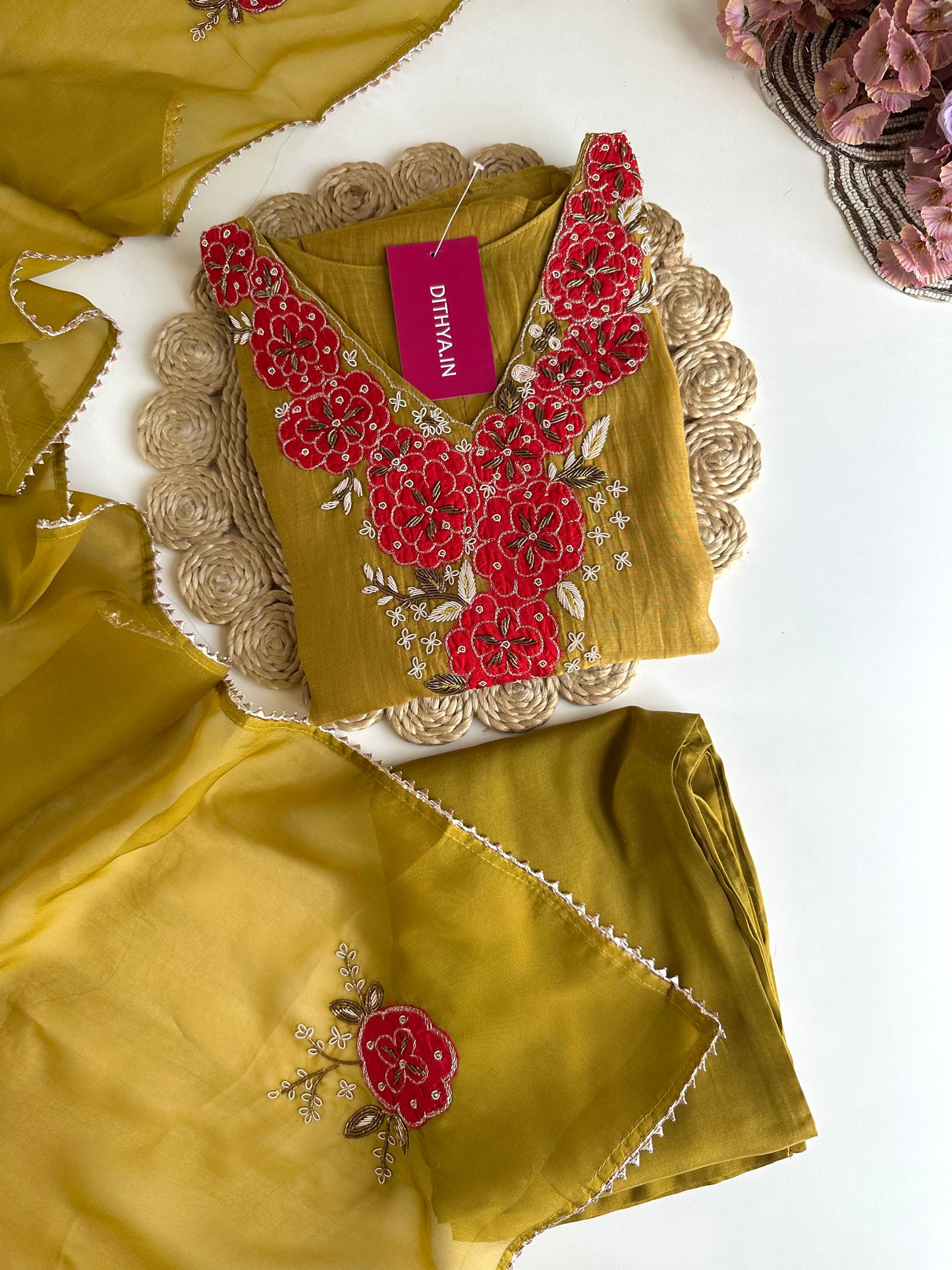 K167 - Pure mul Chanderi handwork Aline Kurti with pants and dupatta