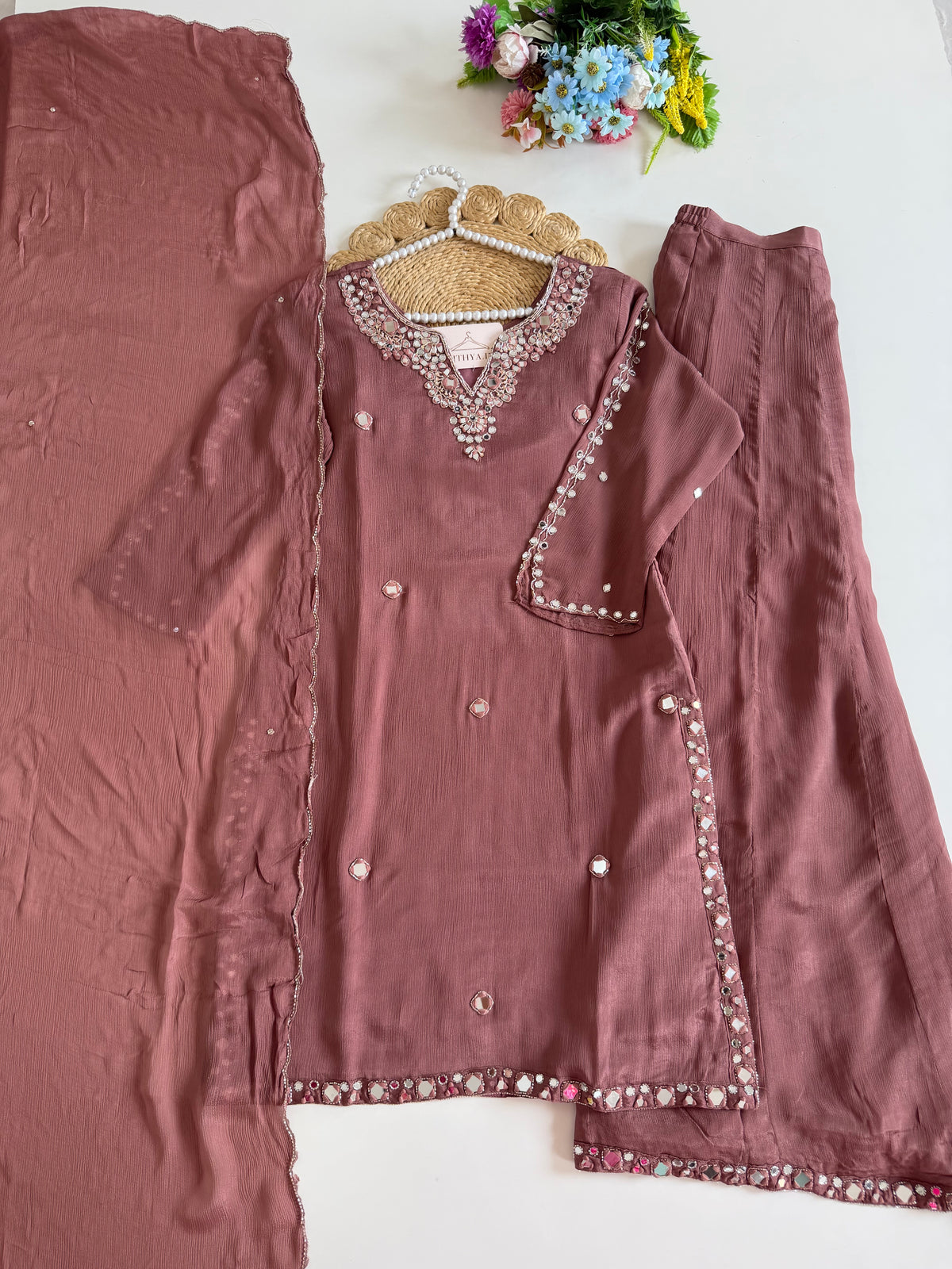 K204 - Pure Chinnon mirror work short Kurti with divider pants and dupatta