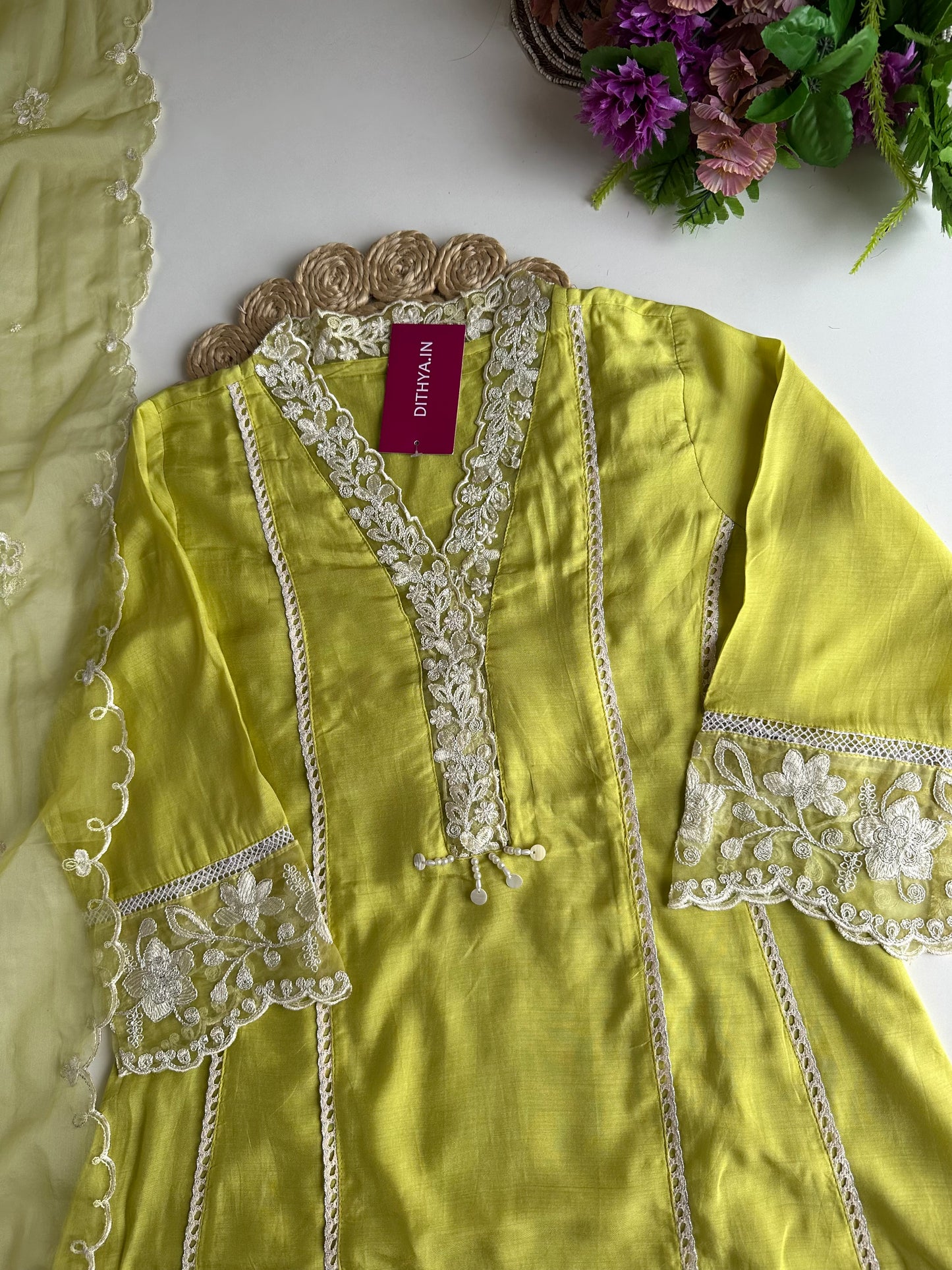 K355 - Russian silk embroidered Aline Kurti with pants and dupatta