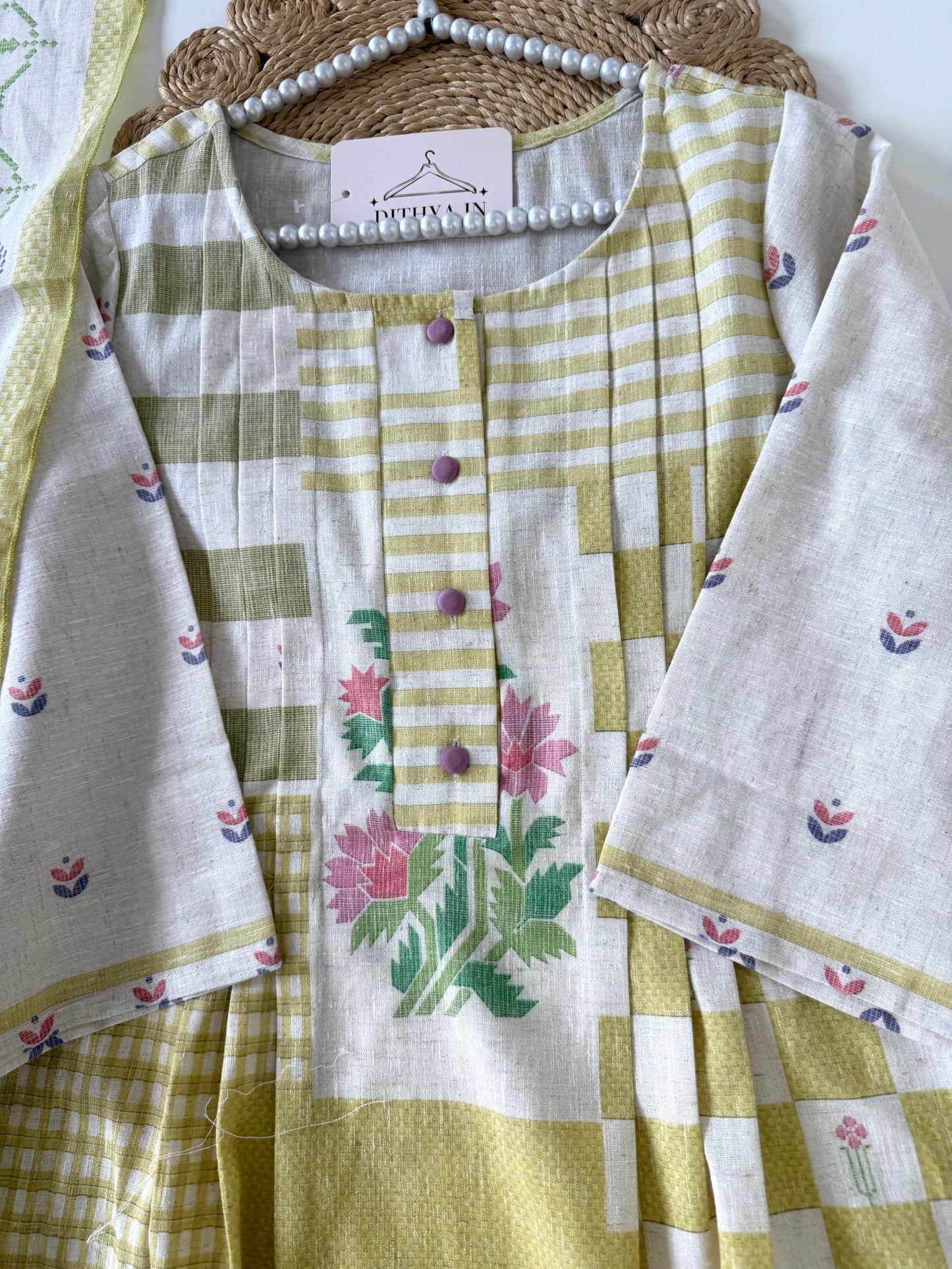 K664 - Mul cotton embroidered Aline Kurti with pants and dupatta