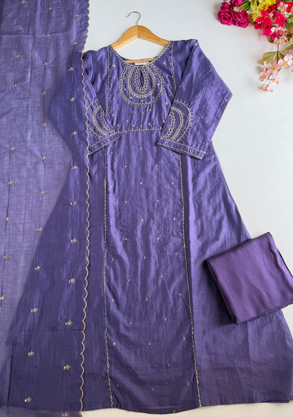 K446 - Surat Mul chanderi handwork aline Kurti with pants and dupatta in 2 colours