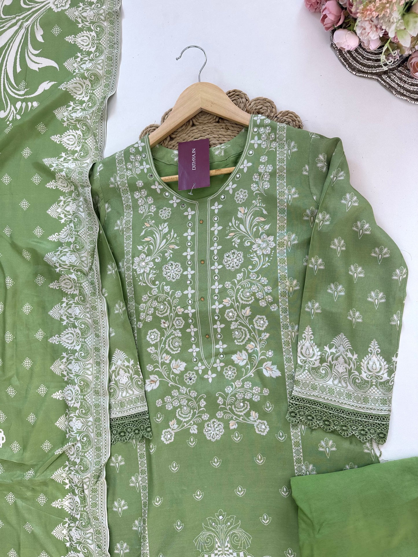 K119 - Crepe Printed mirror work straight Kurti with pants and dupatta