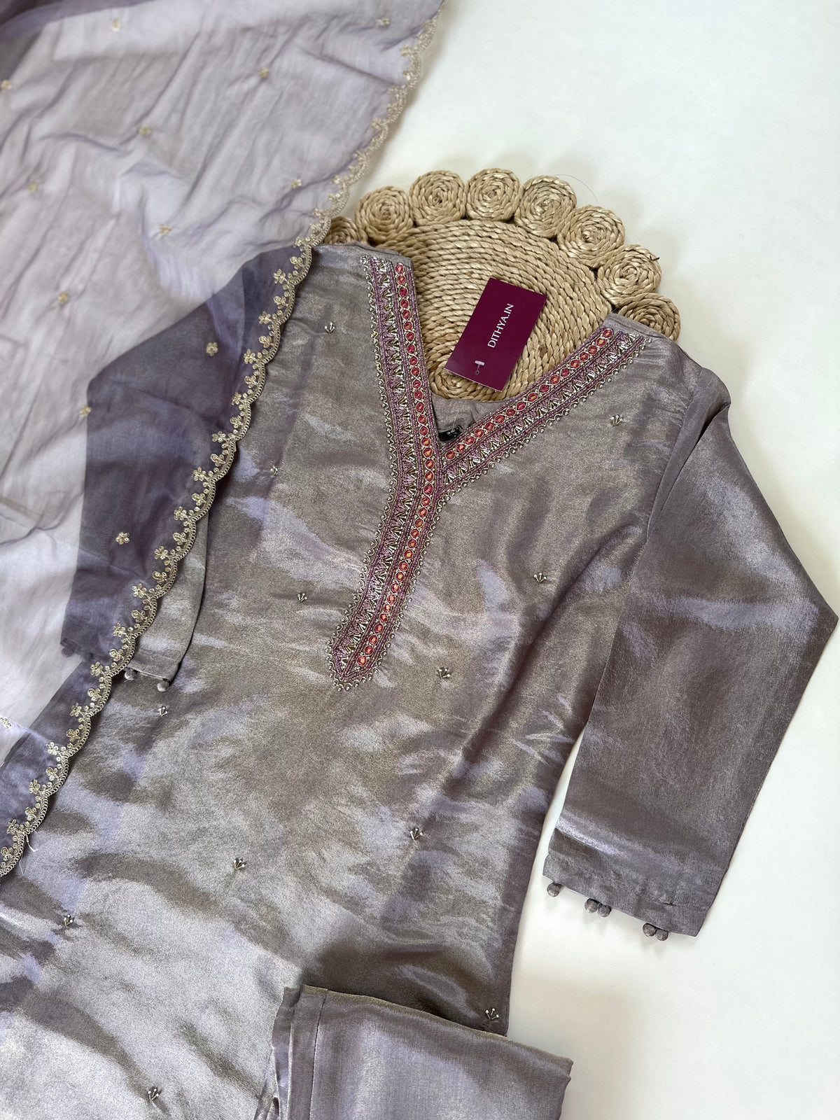 K078 - Shimmer Tissue silk straight kurti with pants and dupatta