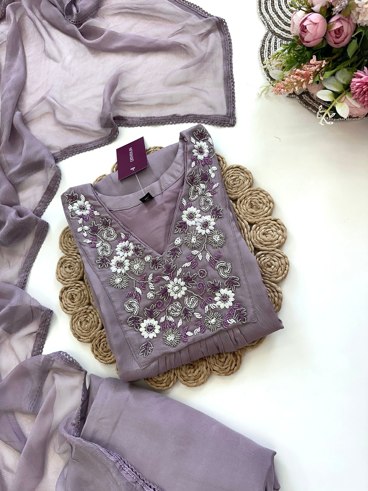 K232 - Chinnon handwork Aline Kurti with palazzo and dupatta
