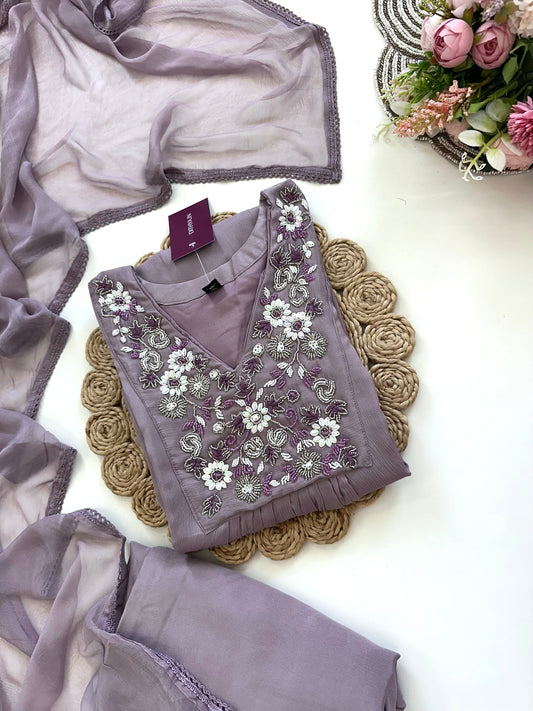 K232 - Chinnon handwork Aline Kurti with palazzo and dupatta