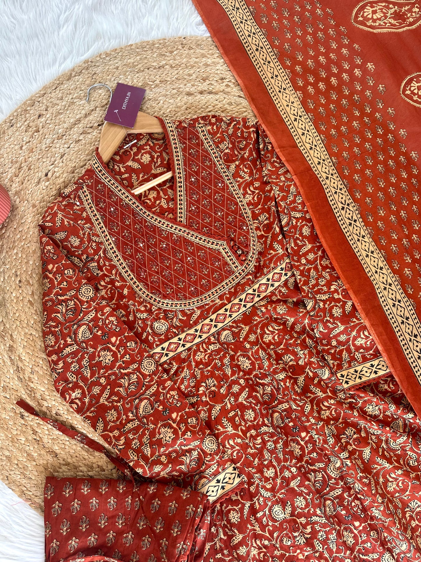 K055 - Cotton Handwork Anarkali with pants and dupatta in 2 colours