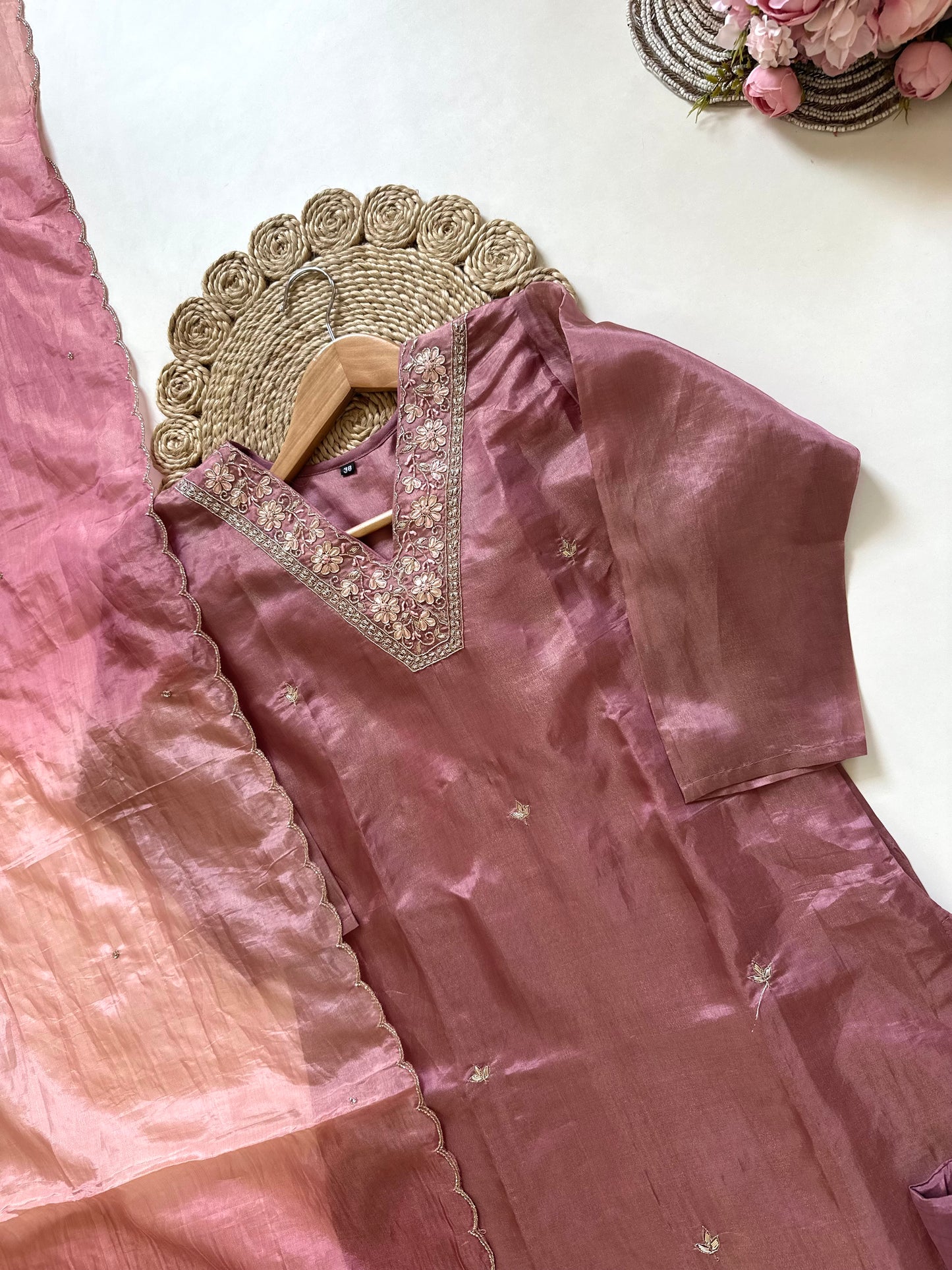 K099 - Tissue silk handwork straight kurti with pants and dupatta .