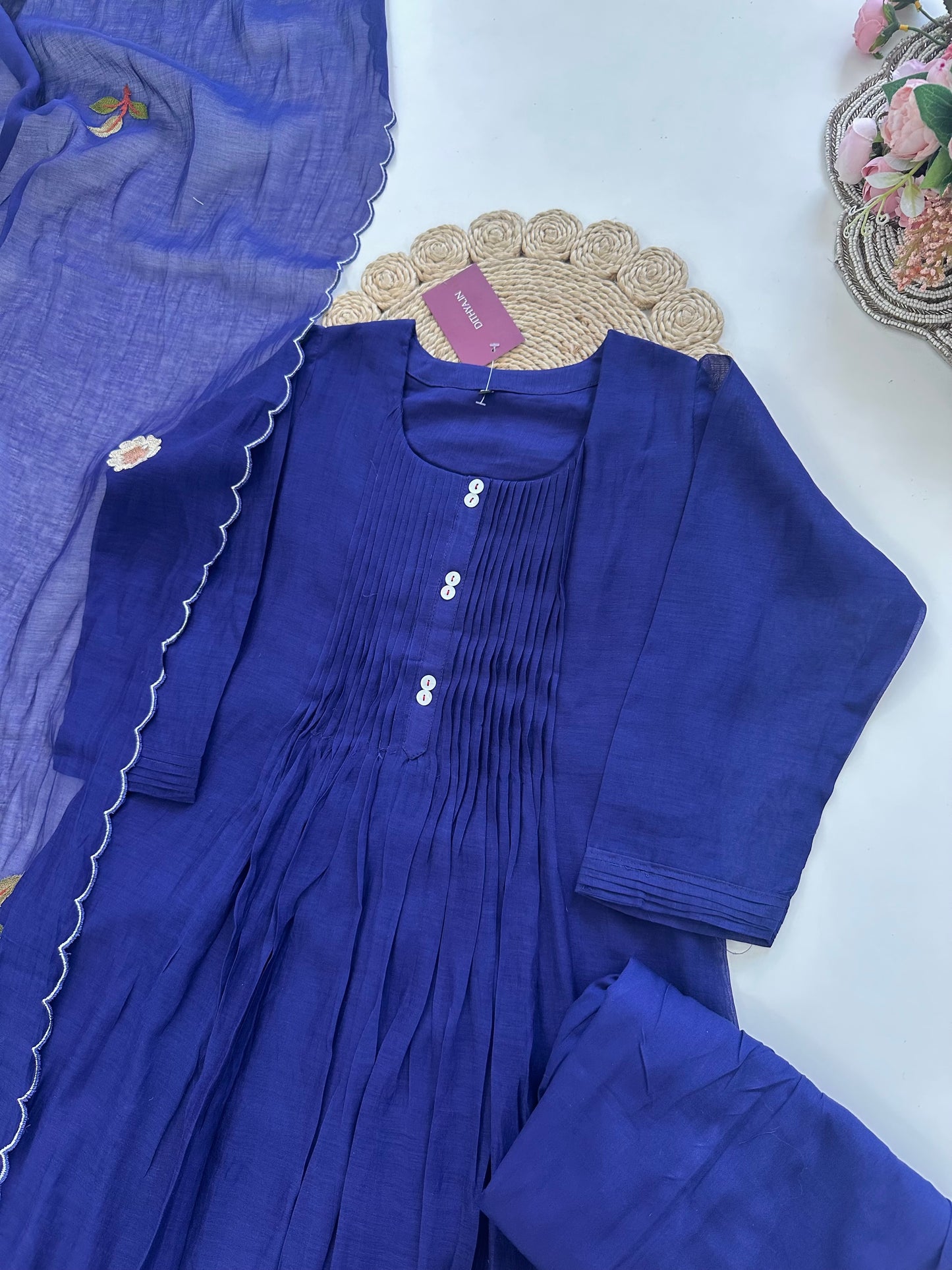 K308 - Mul Chanderi hand embroidered Aline Kurti with pants and dupatta in 2 colours .