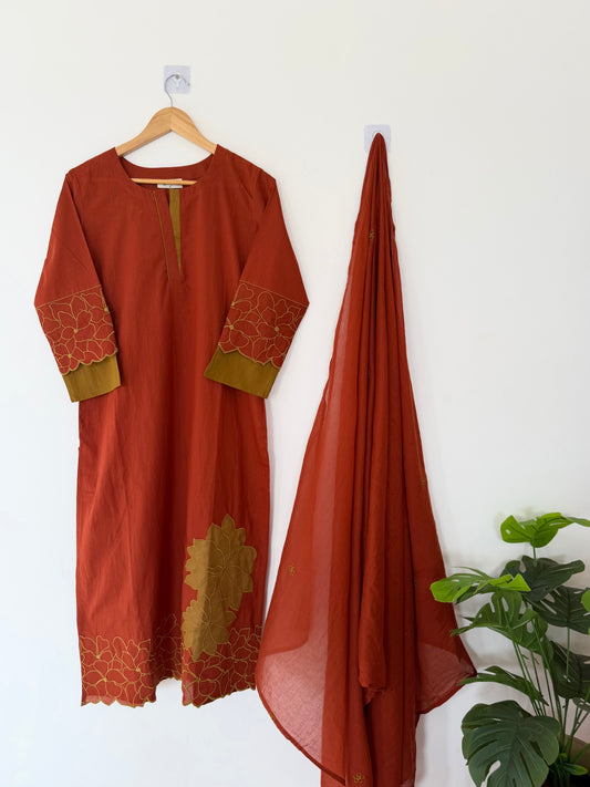 K231 - Mul cotton appliqué embroidered straight Kurti with pants and dupatta in 2 colours