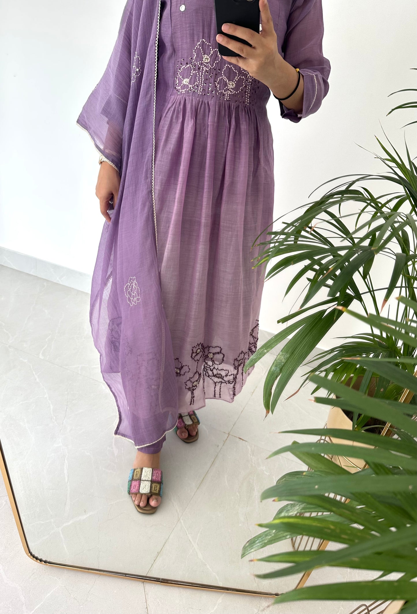K226 - Mul Chanderi embroidered Aline Kurti with pants and dupatta