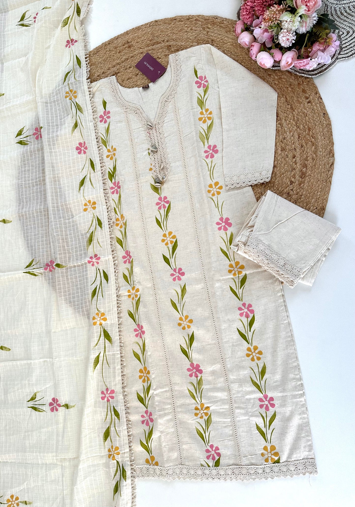 K253 - Slub cotton hand painted straight Kurti with pants and dupatta