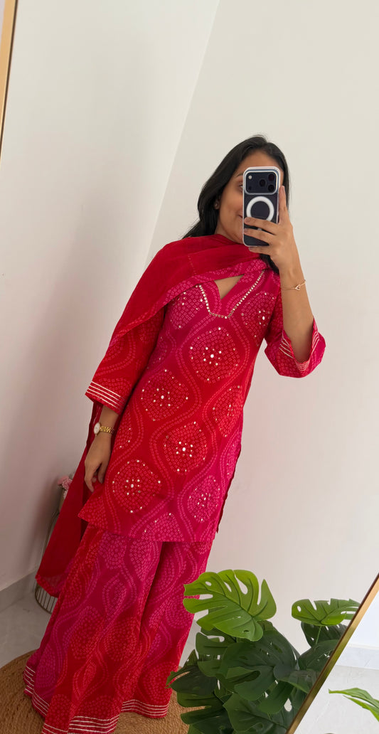 K090 - Mul cotton bandhini mirror work short Kurti with palazzo pants and dupatta