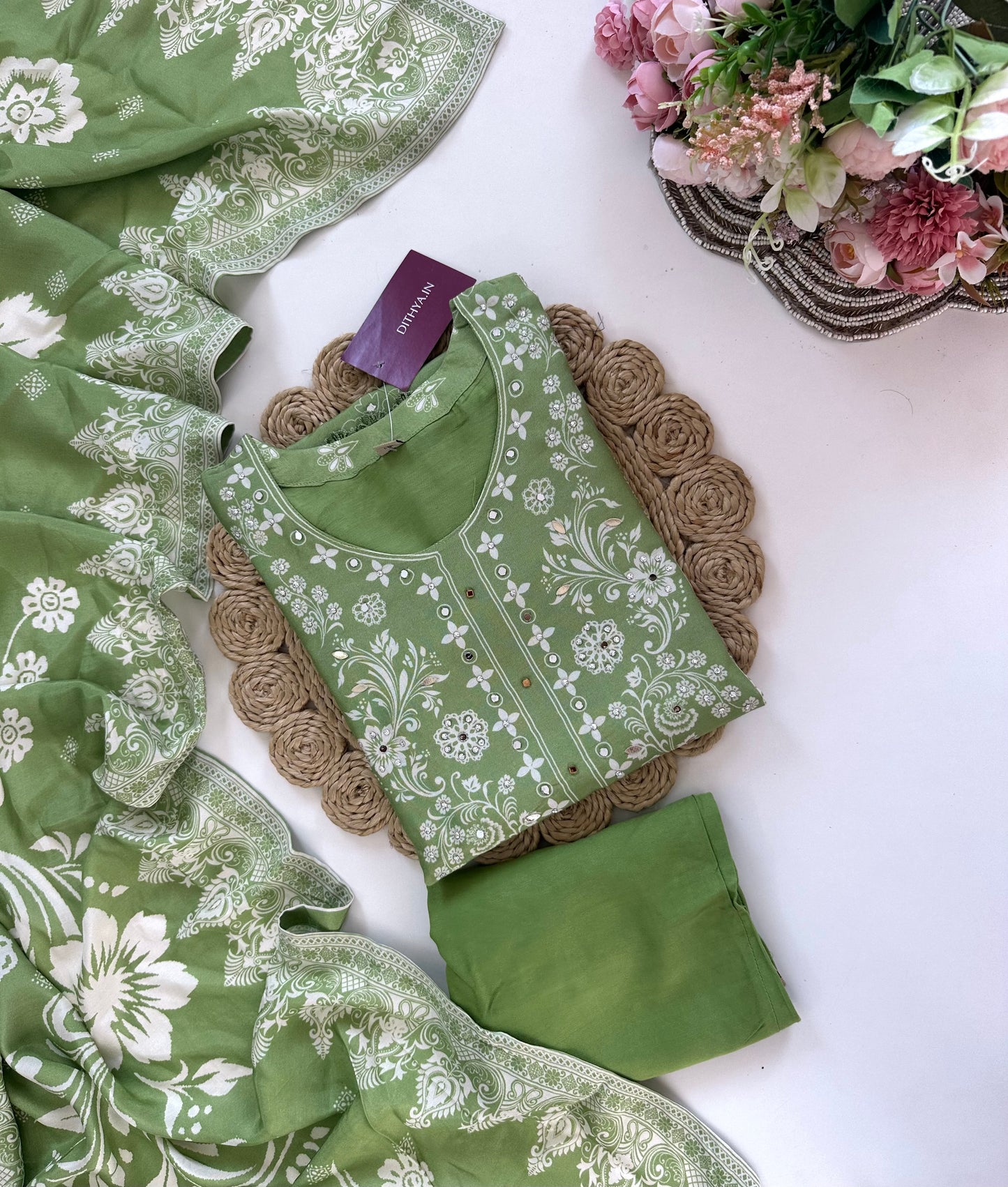 K119 - Crepe Printed mirror work straight Kurti with pants and dupatta