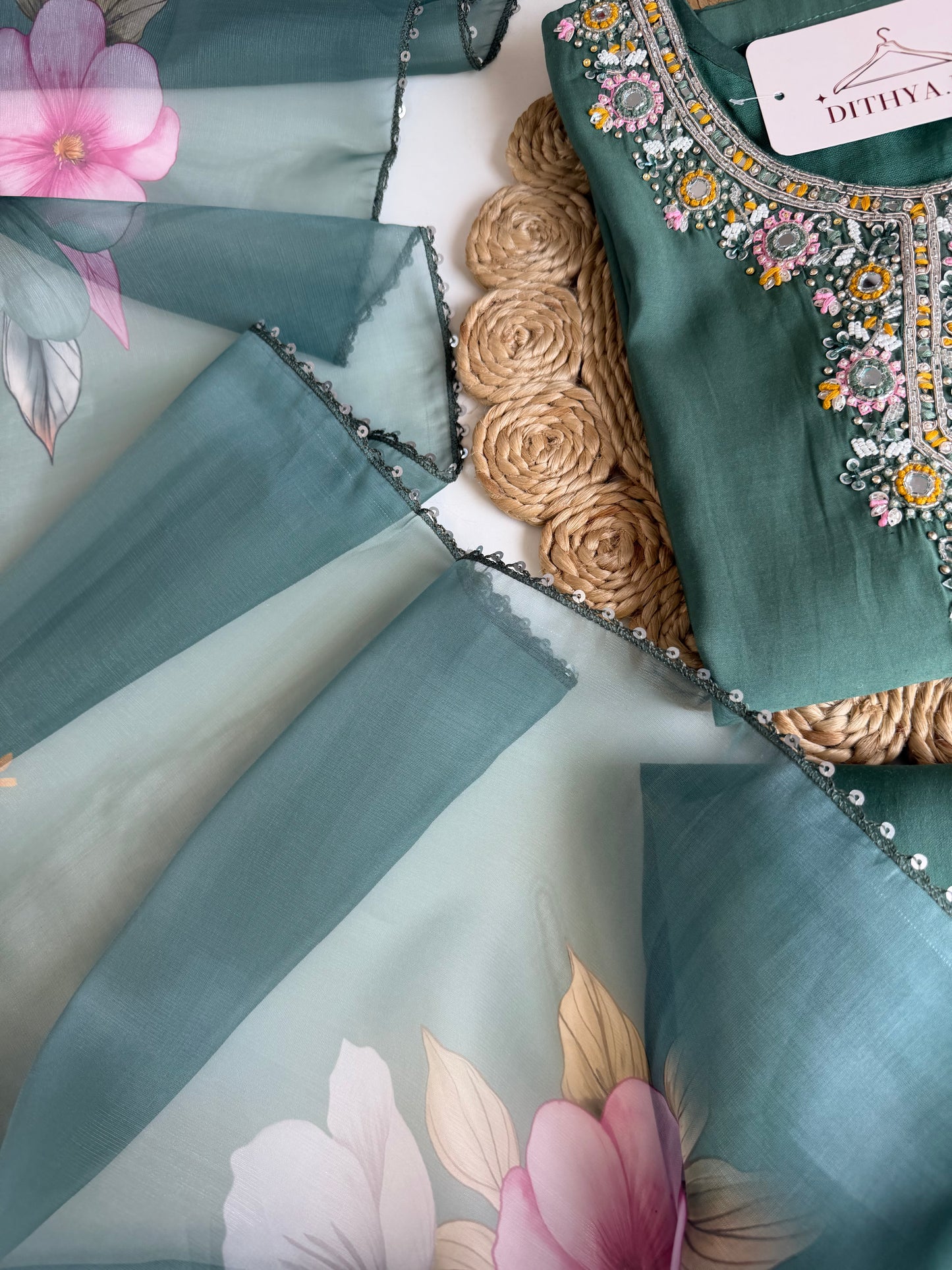 K514 - Roman silk handwork straight Kurti with pants and dupatta