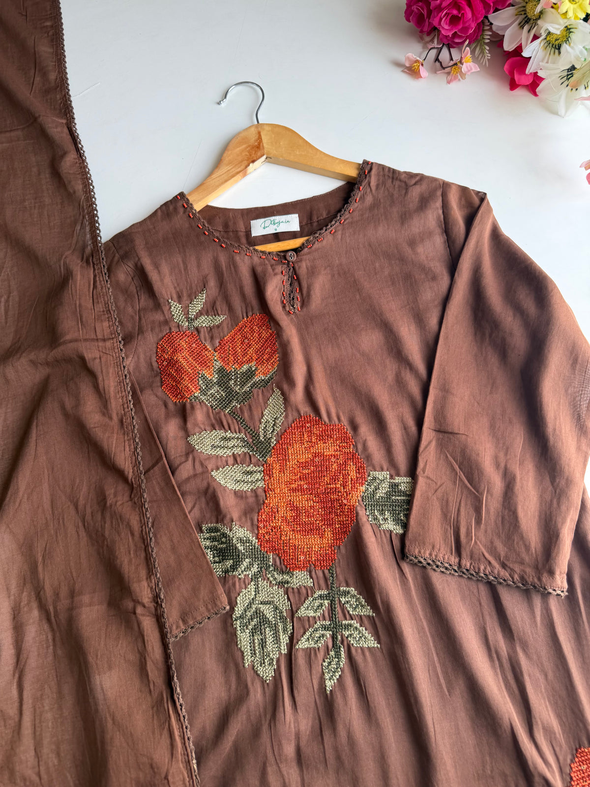 K296 - Mul cotton embroidered Aline Kurti with pants and dupatta