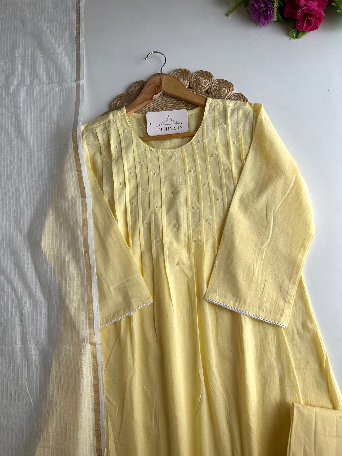 K382 - Mul cotton embroidered Aline Kurti with pants and dupatta