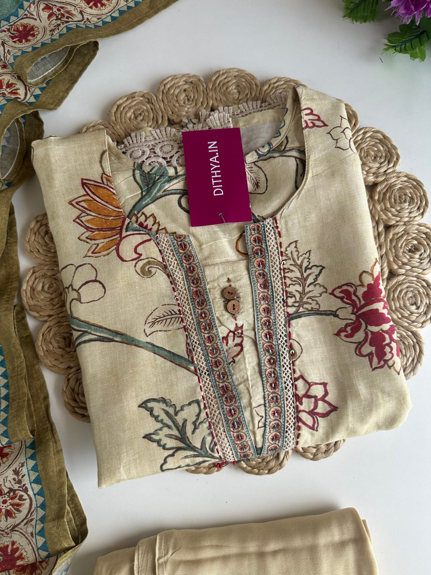 K022 - Muslin printed embroidered straight Kurti with pants and dupatta