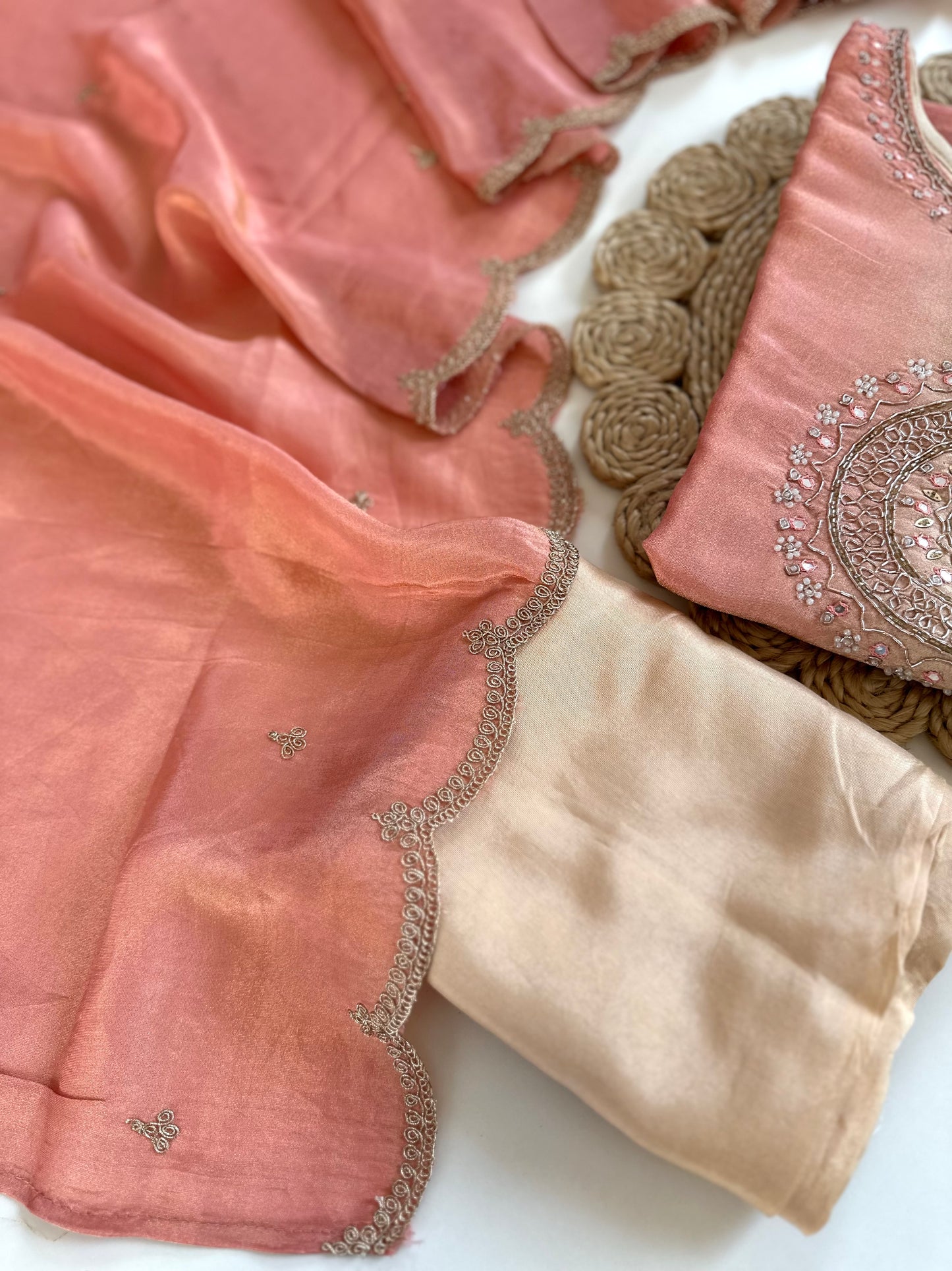 K132 - Tissue silk handwork straight kurti with pants and dupatta