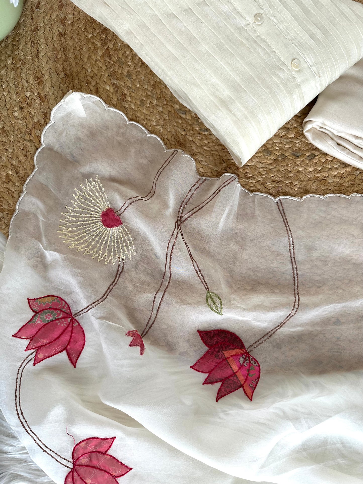 K304 - Mul Chanderi appliqué work Aline Kurti with pants and dupatta in 2 colours