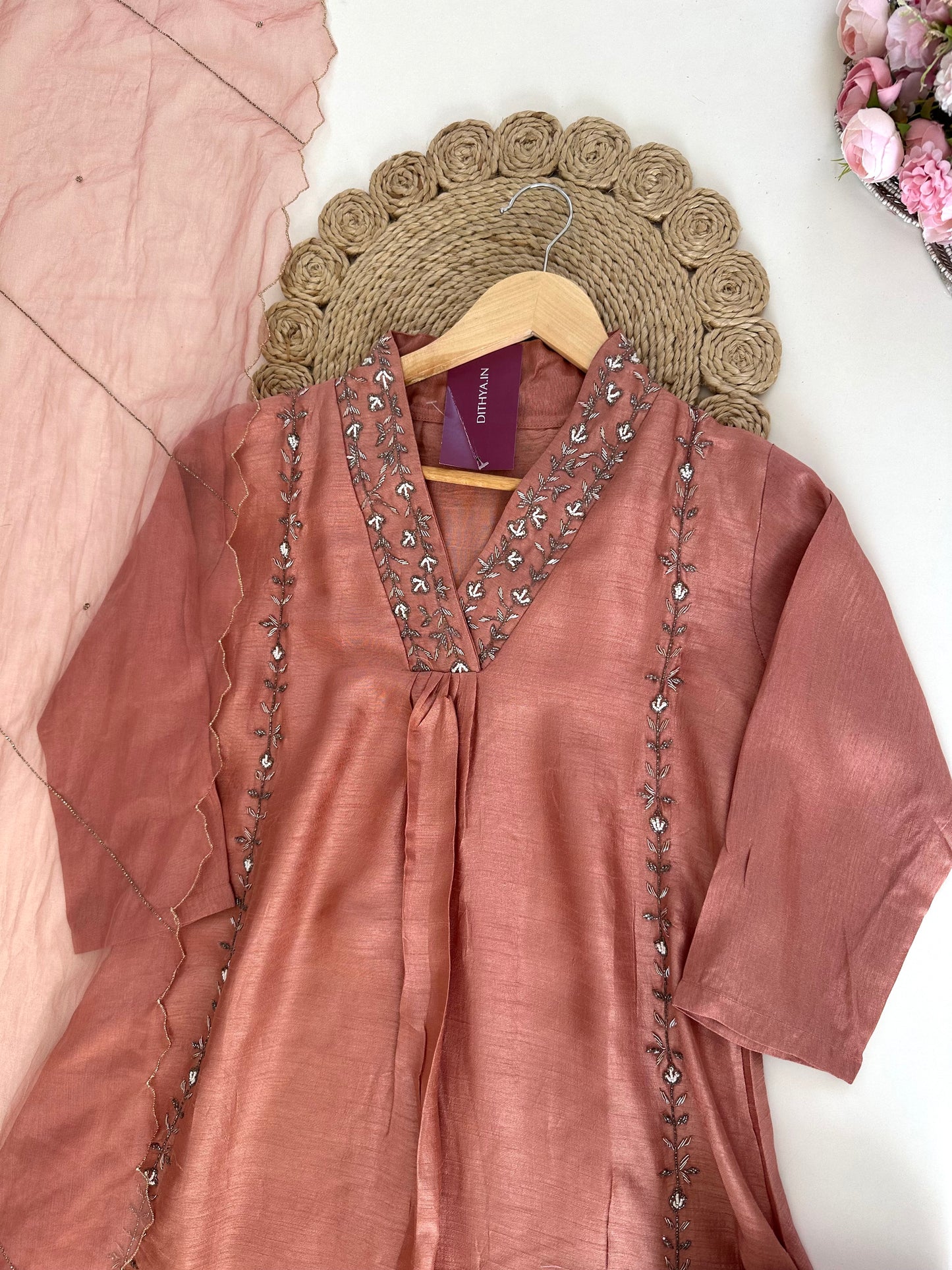 K200 - Russian silk handwork Anarkali with pants and dupatta .