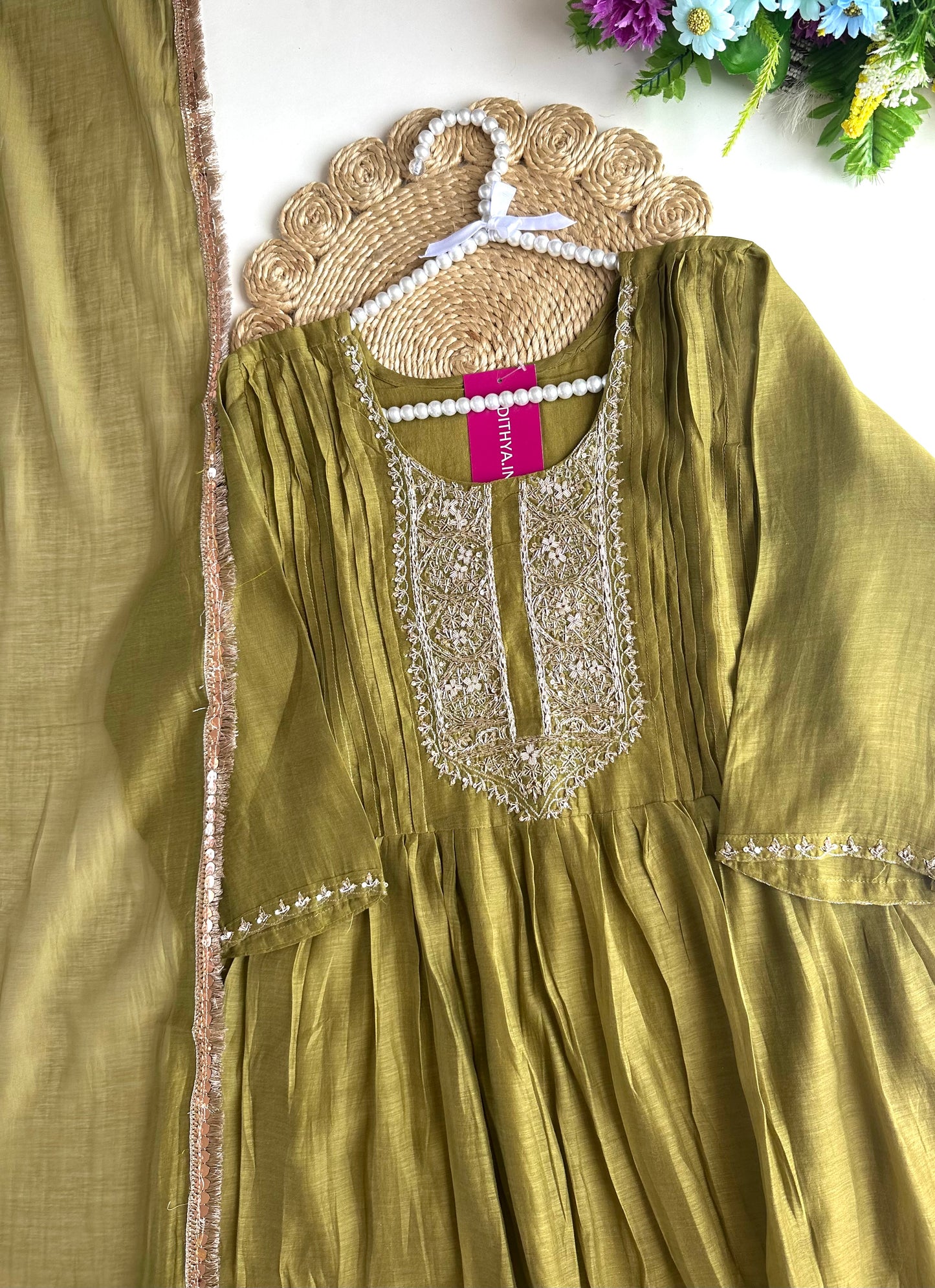 K041 - Mul Chanderi handwork Anarkali with pants and dupatta