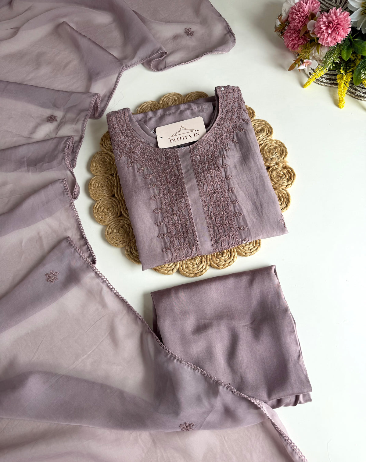 K510 - Viscose organza chikankari straight Kurti with pants and dupatta