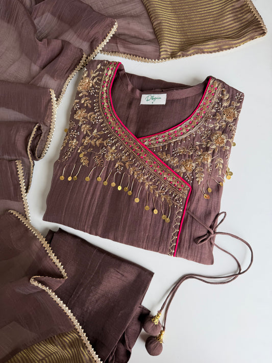 K156 - Pure Banarasi Mul chanderi handwork angrakha Aline Kurti with pants and dupatta