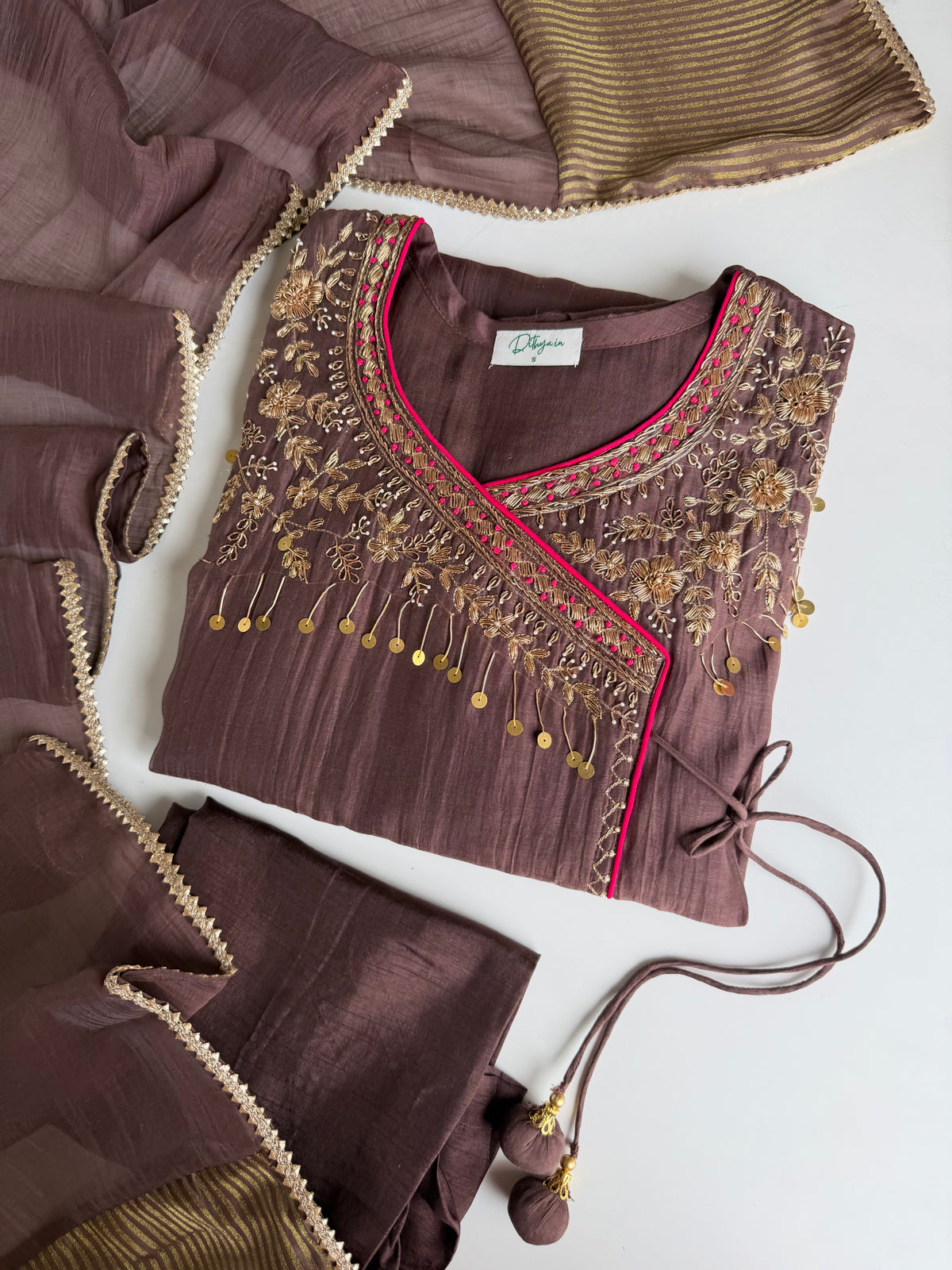 K156 - Pure Banarasi Mul chanderi handwork angrakha Aline Kurti with pants and dupatta