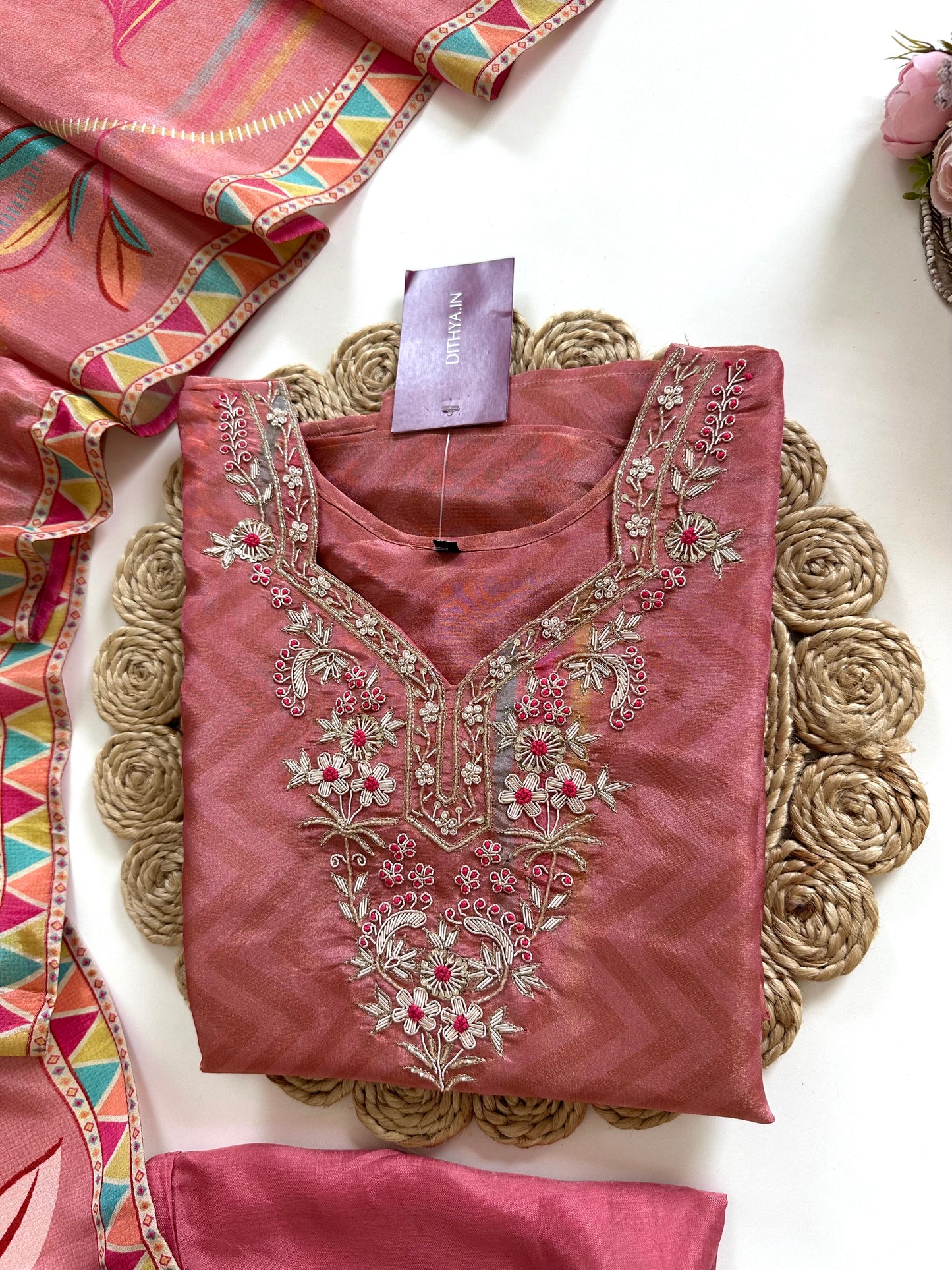 K125 - Handwork Tissue silk printed straight Kurti with pants and dupatta