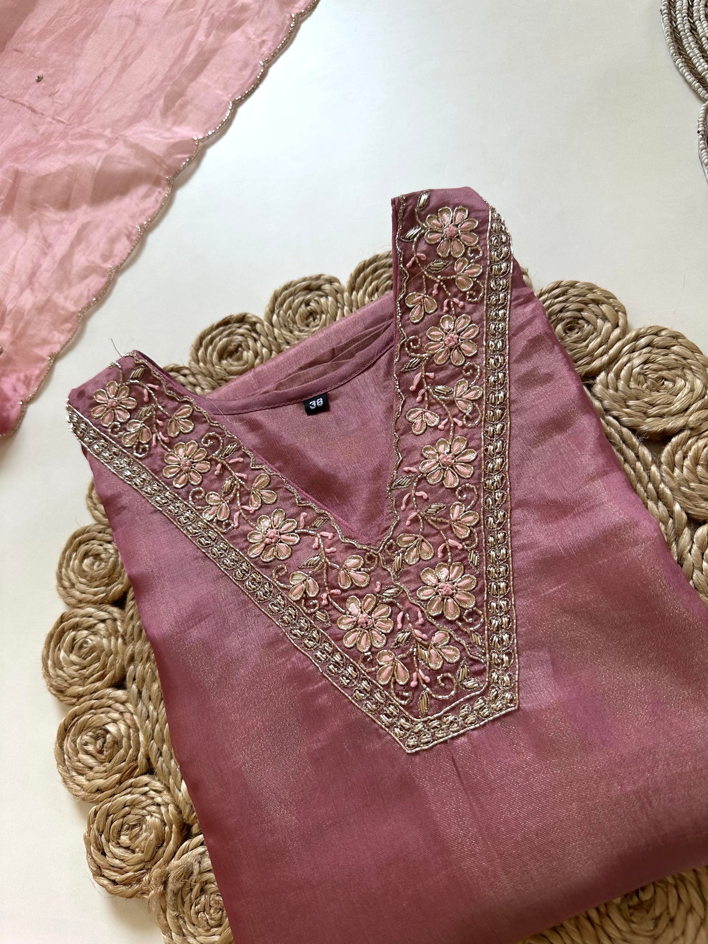 K099 - Tissue silk handwork straight kurti with pants and dupatta .