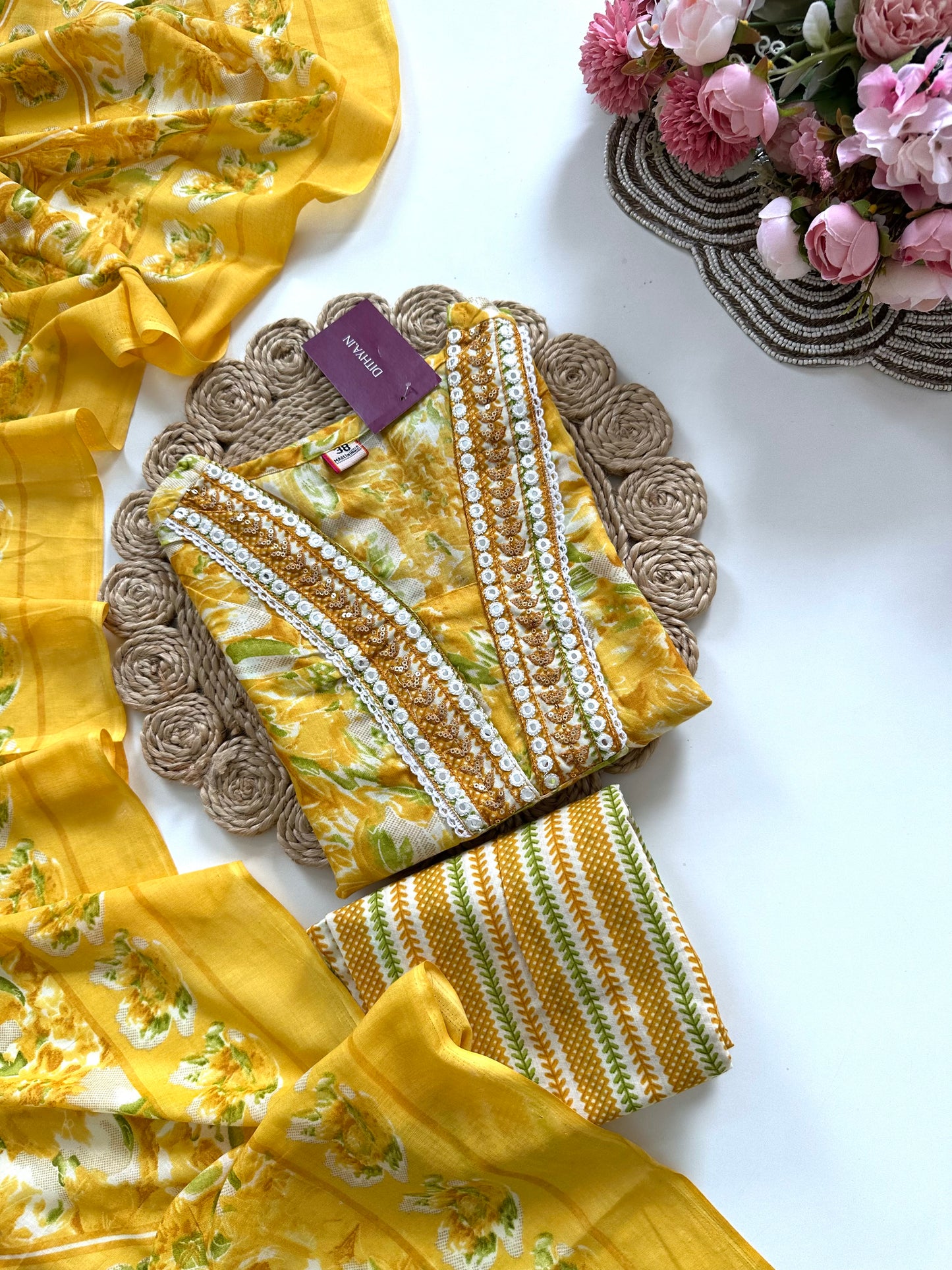 K387 - Cotton floral straight Kurti with pants and dupatta in 4 colours