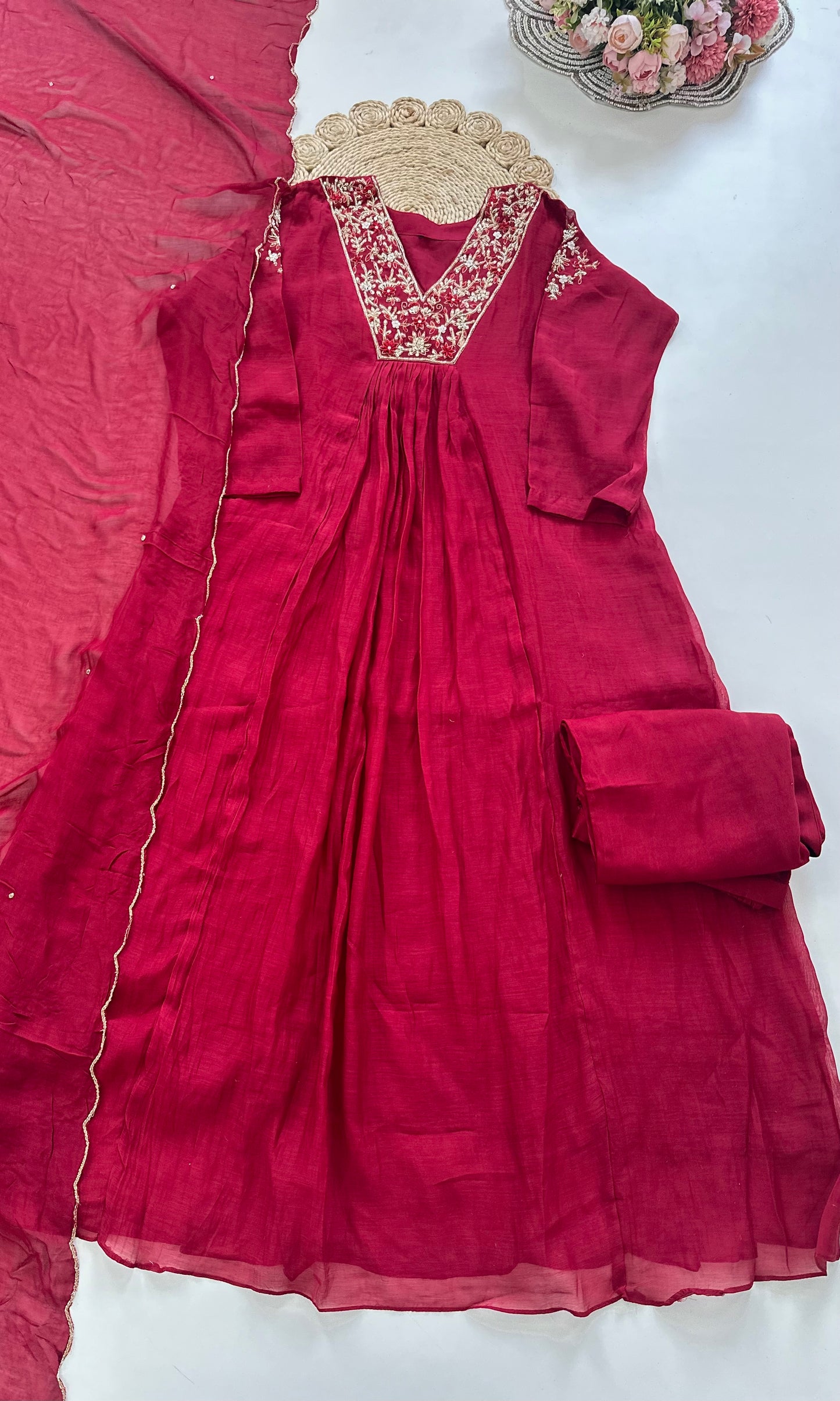 K191 - Mul Chanderi handwork Aline Kurti with pants and dupatta in 3 colours