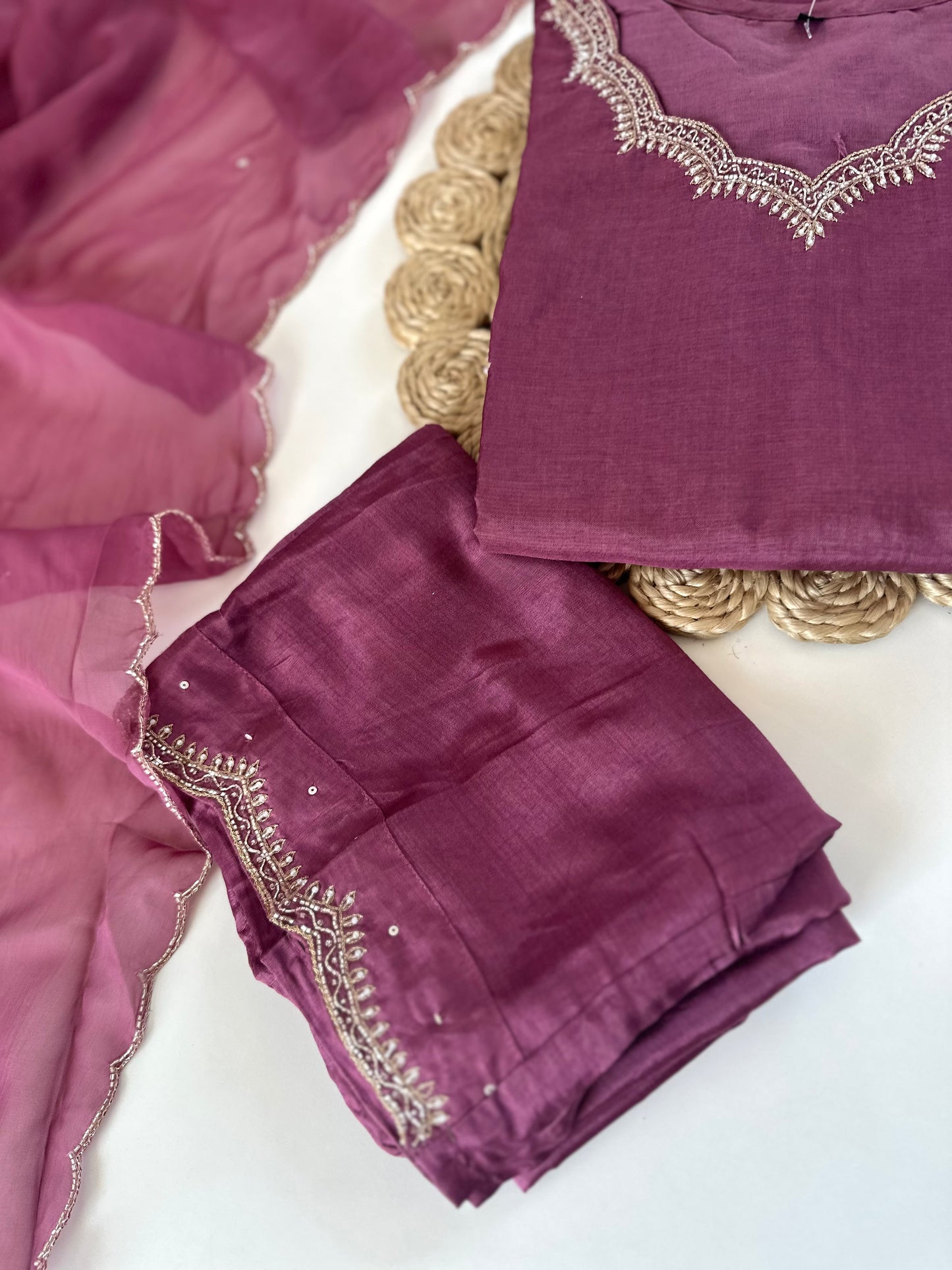 K254 - Russian silk Zardosi work straight kurti with palazzo and dupatta .
