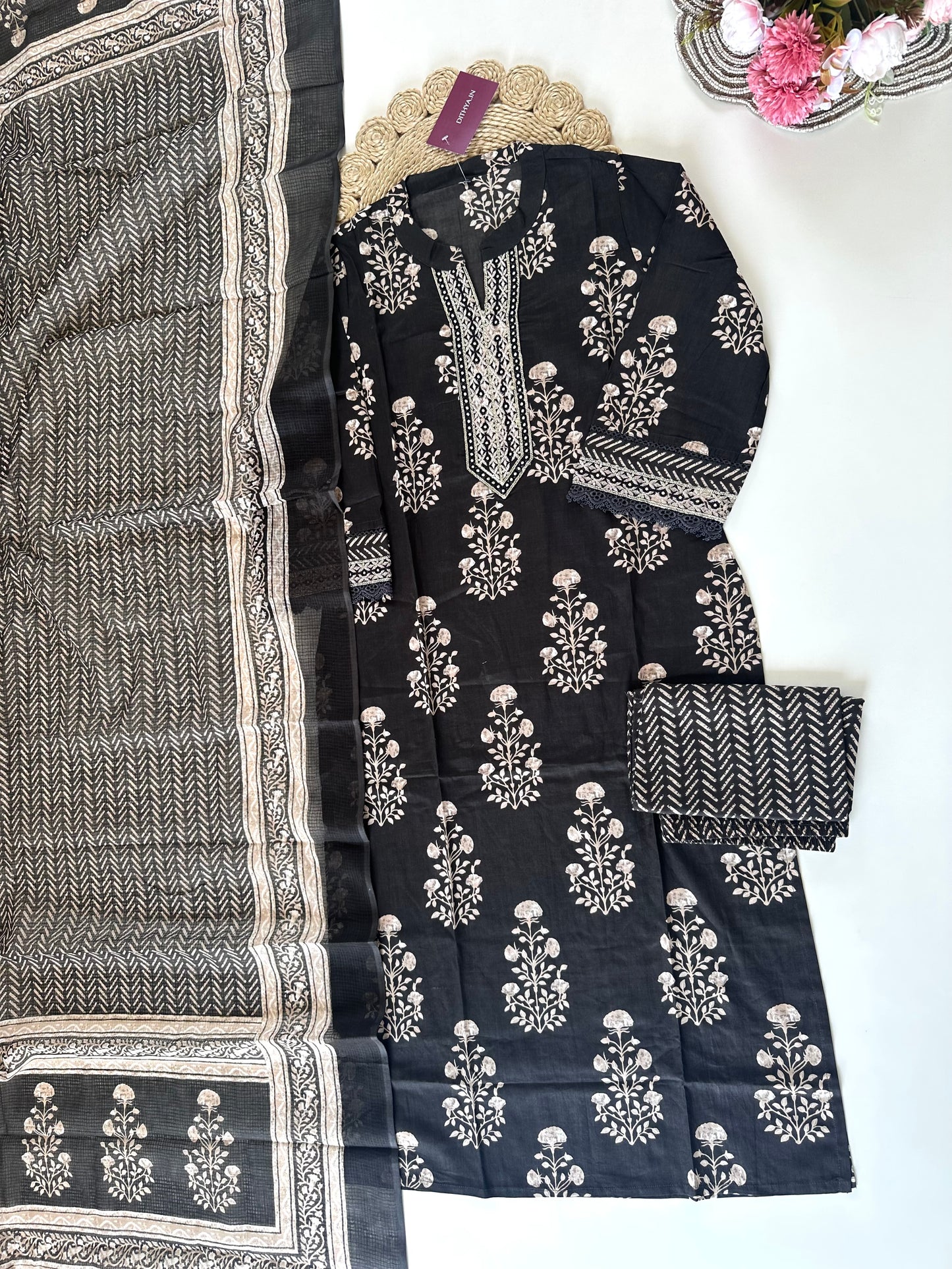 K362 - Cotton printed Aline kurti with pants and dupatta .