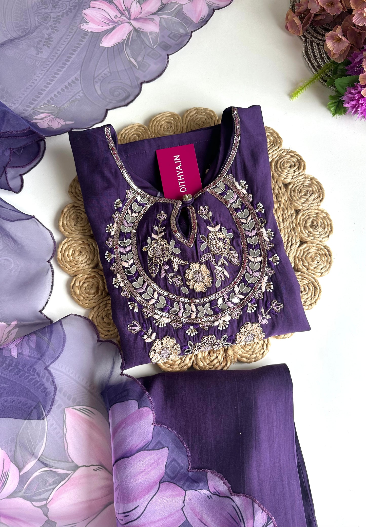 K091 - Roman silk Handwork straight Kurti with pants and dupatta