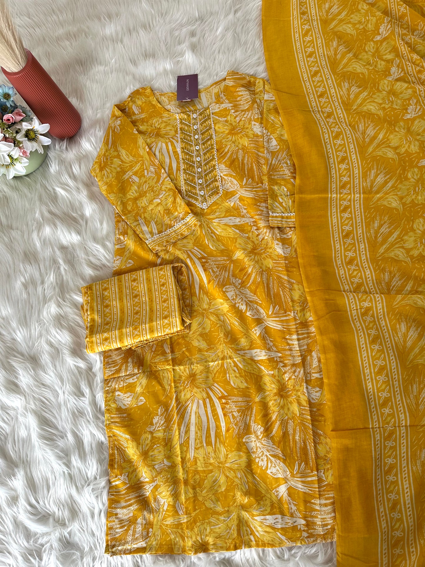 K385 - Cotton printed straight Kurti with pants and dupatta in 2 colours