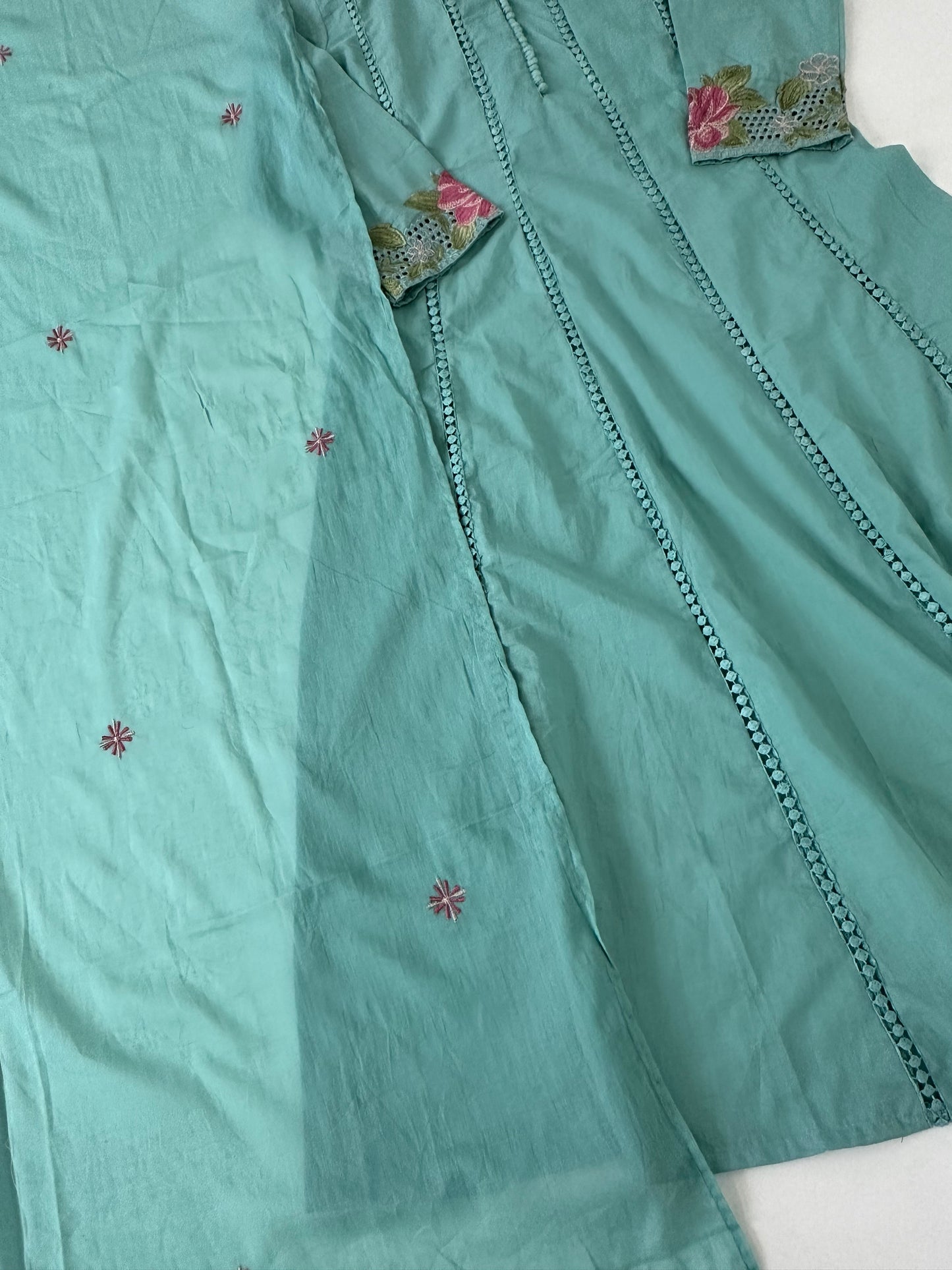 K223 - Mul cotton embroidered Aline Kurti with pants and dupatta