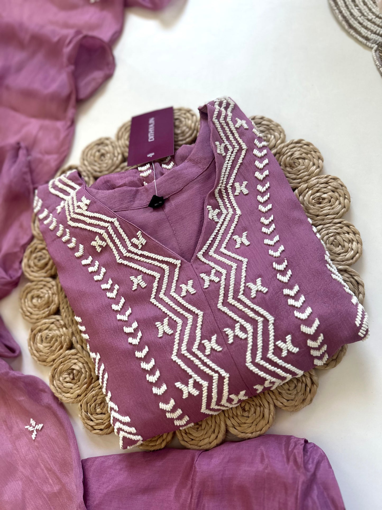 K150 - Pearl work Chinnon Aline Kurti with centre slit , straight pants and organza dupatta .