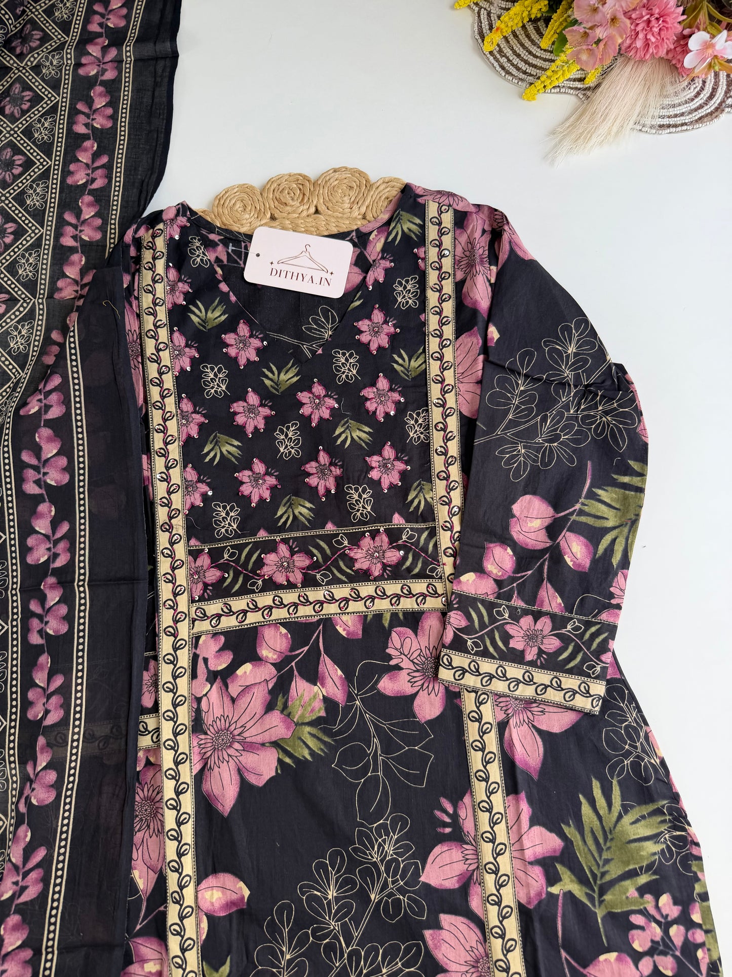 K195 - Cotton floral straight Kurti with pants and dupatta