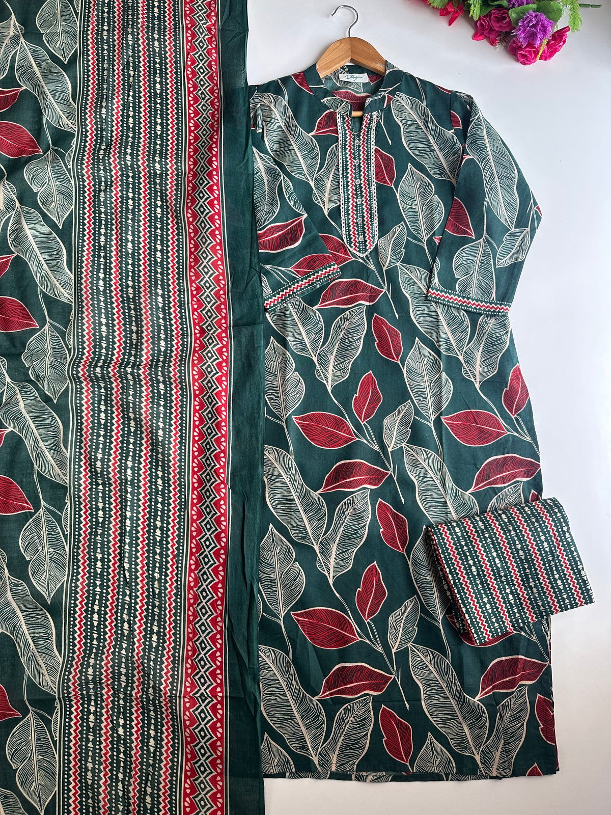 K472 - Mul cotton embroidered straight Kurti with pants and dupatta