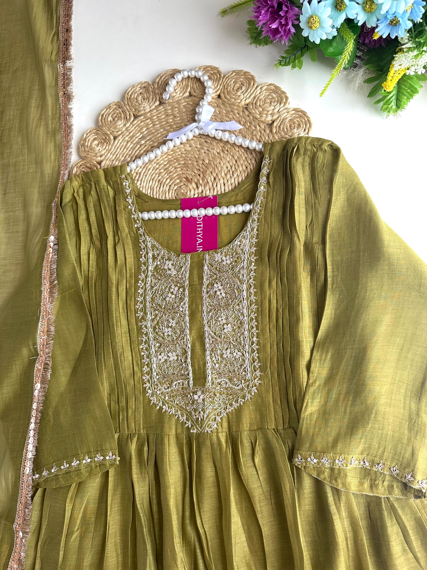 K041 - Mul Chanderi handwork Anarkali with pants and dupatta
