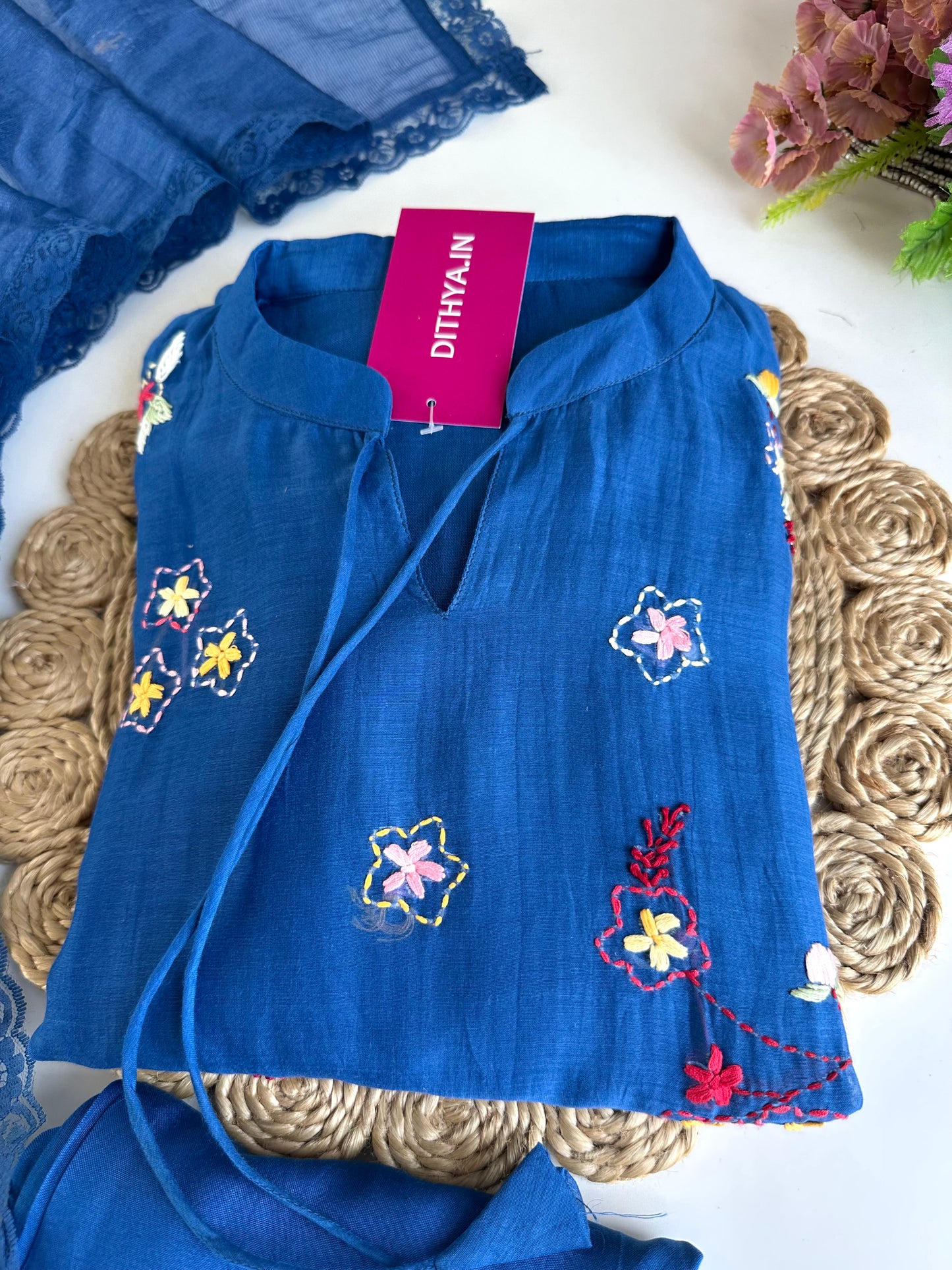 K231 - Mul Chanderi Appliqué work Aline Kurti with pants and dupatta
