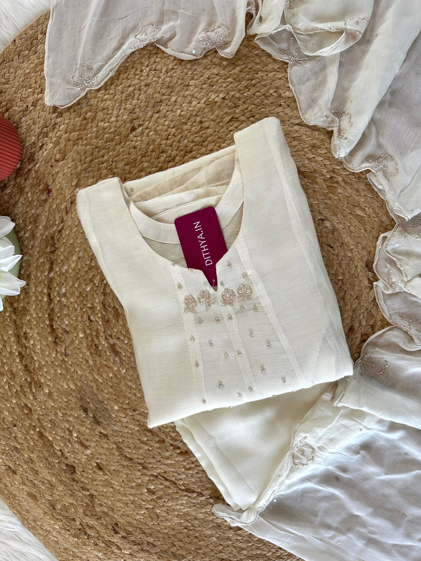 K211 - Mul Chanderi zardosi work Aline Kurti with pants and dupatta