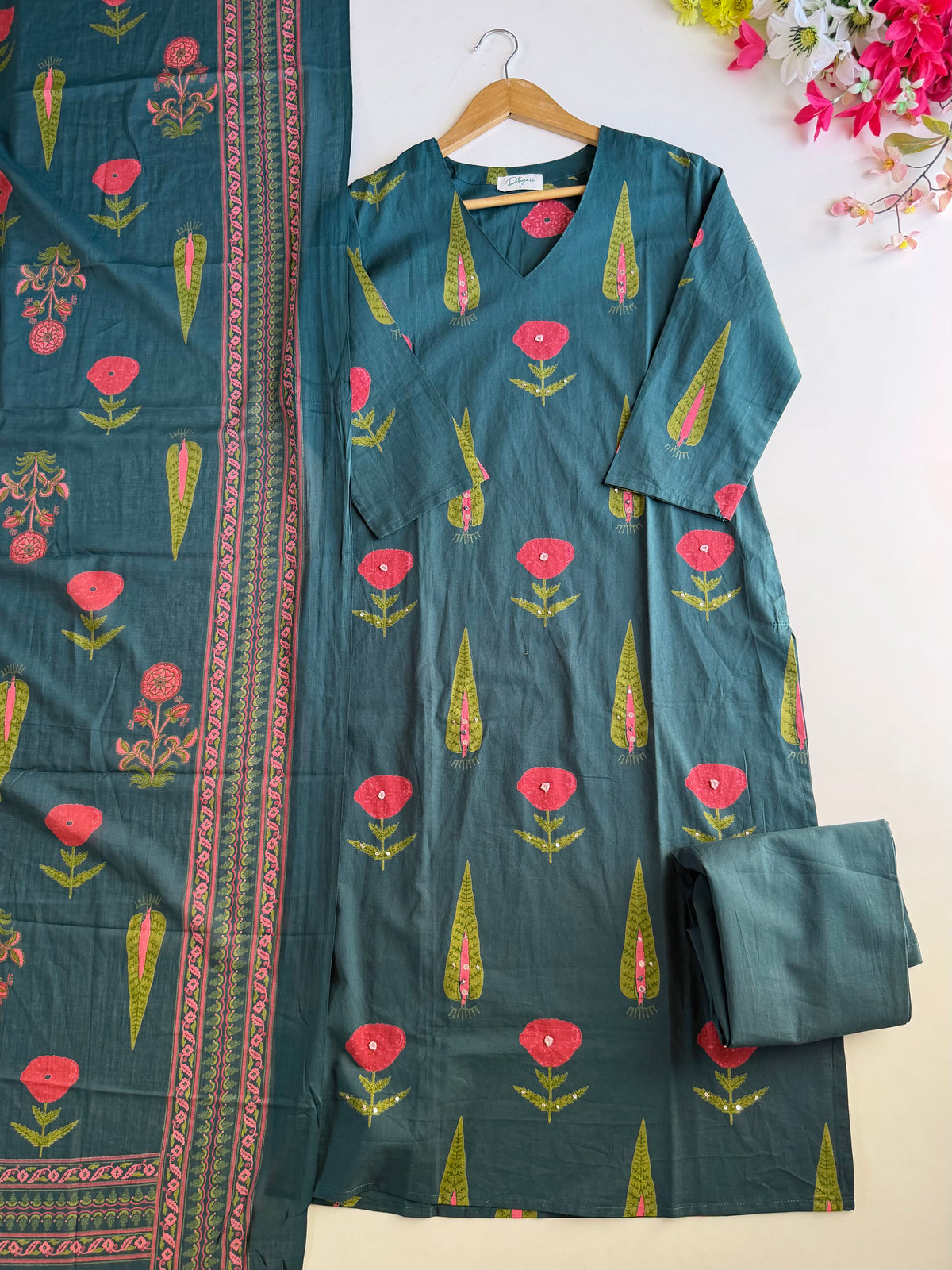 K368 - Mul cotton embroidered straight Kurti with pants and dupatta