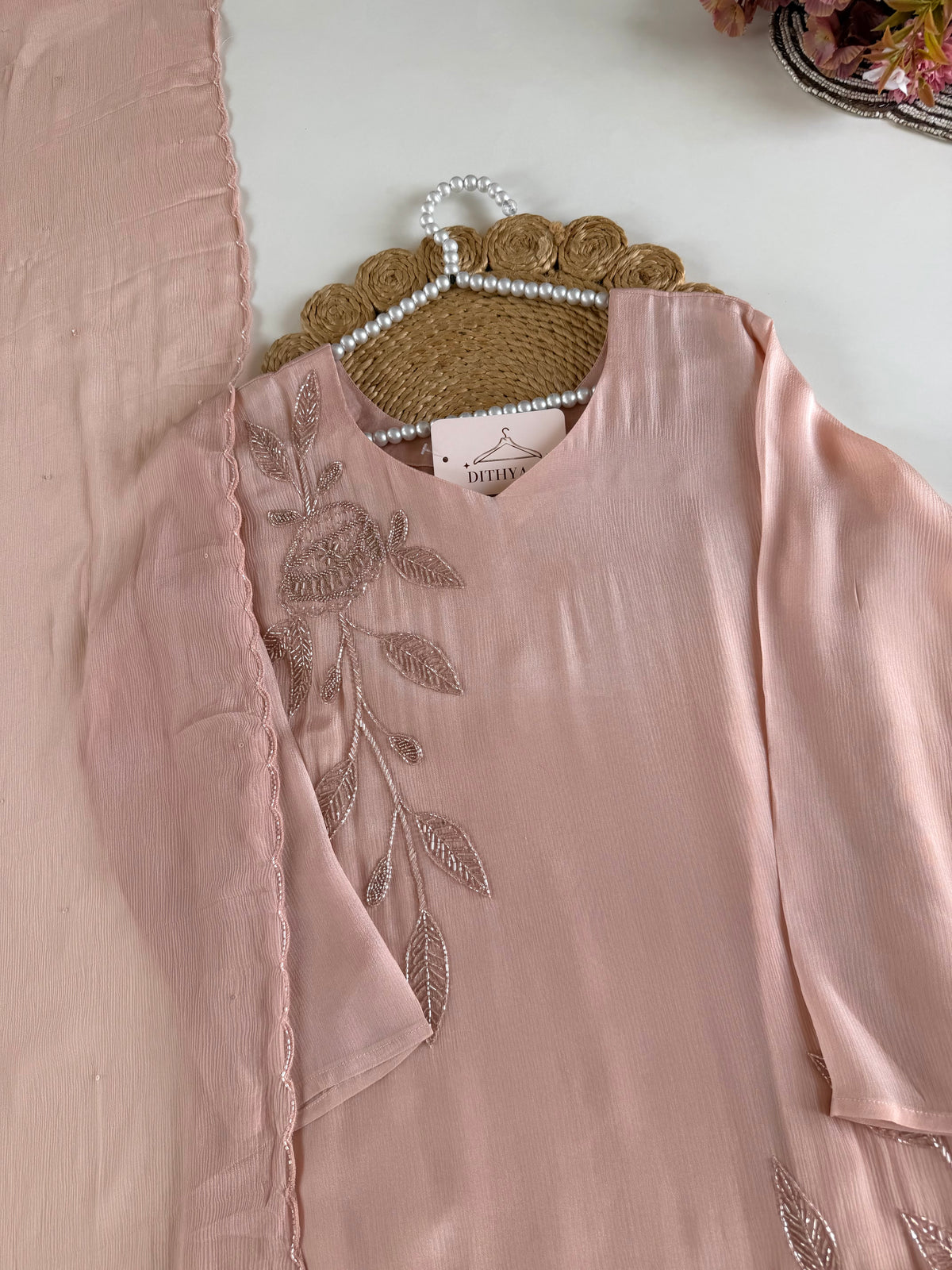 K476 - Pure Chinnon handwork aline Kurti with pants and dupatta