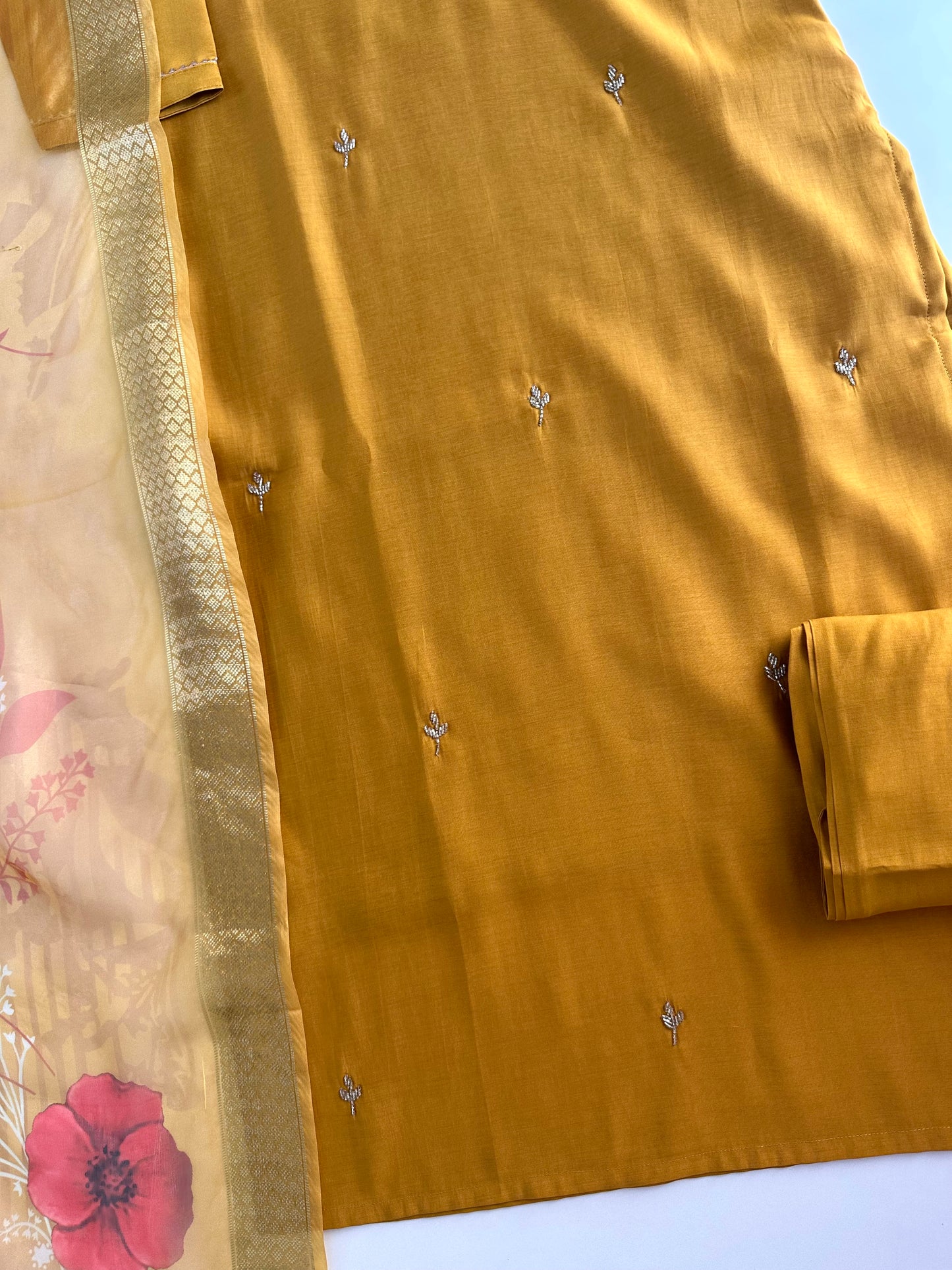 K361 - Roman silk handwork straight Kurti with pants and dupatta