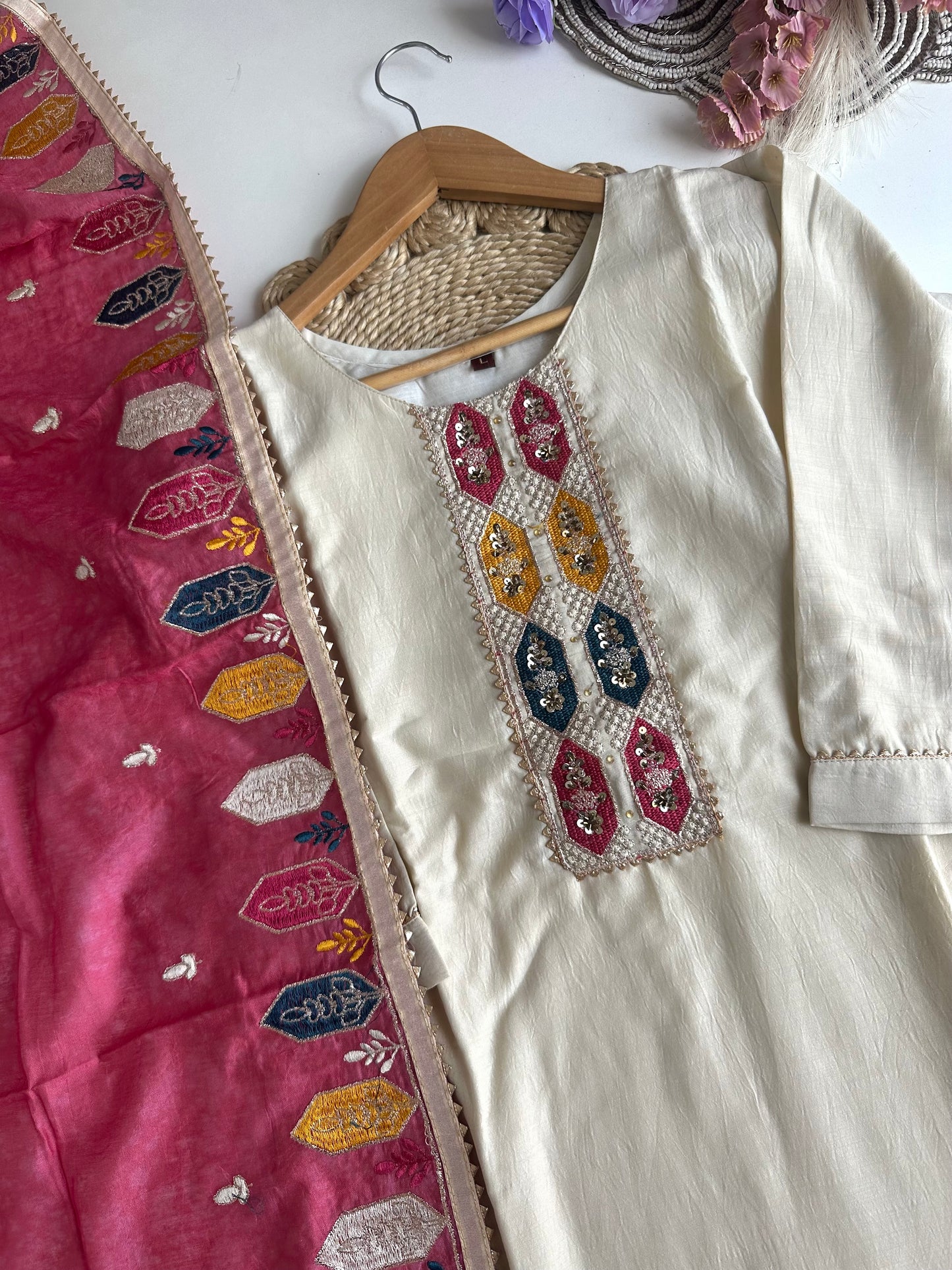 D319- Roman silk straight kurti with pants and dupatta